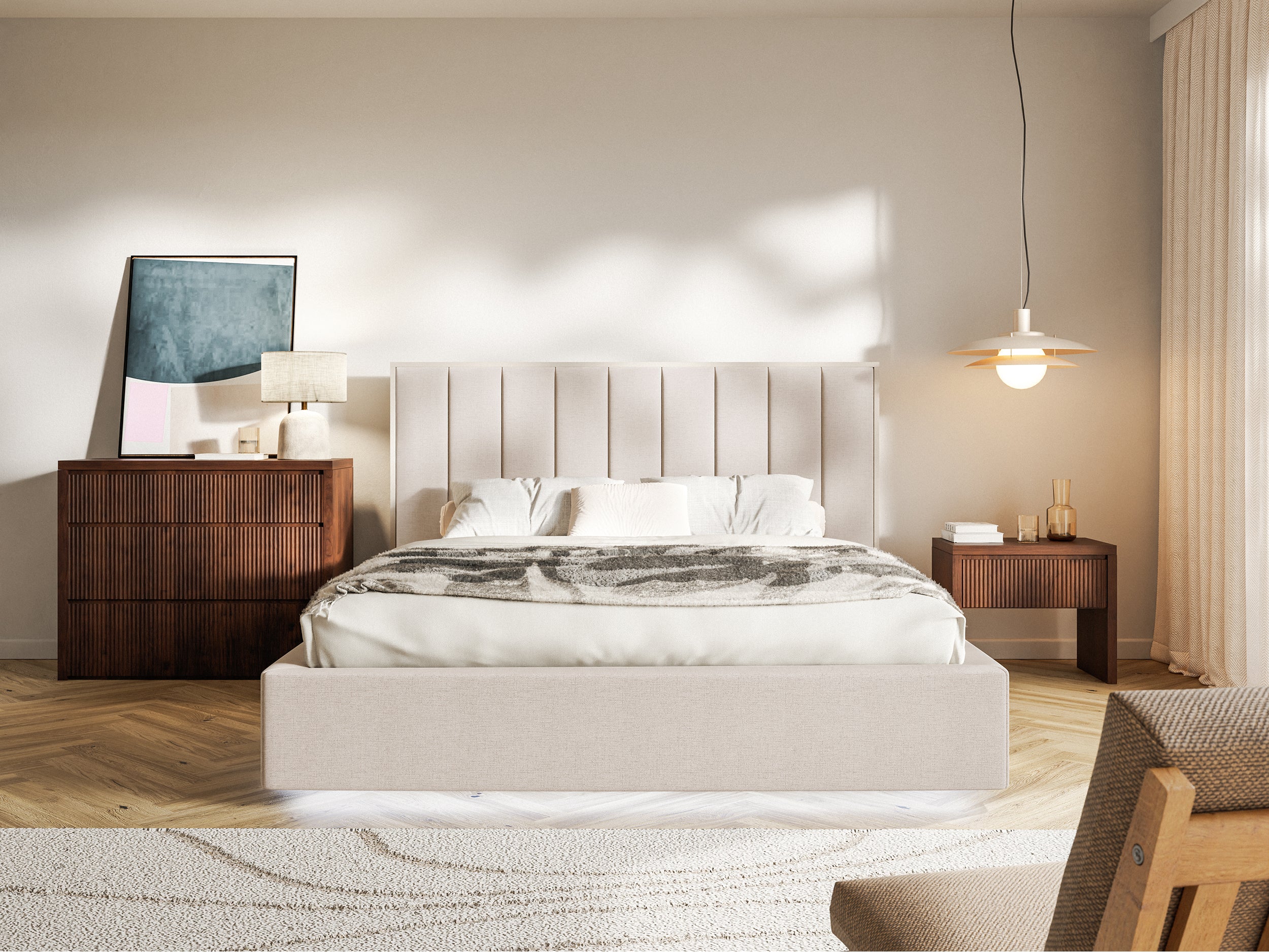 Łóżko tapicerowane 140x200 cm Togents z oświetleniem LED beżowe szenil hydrofobowy