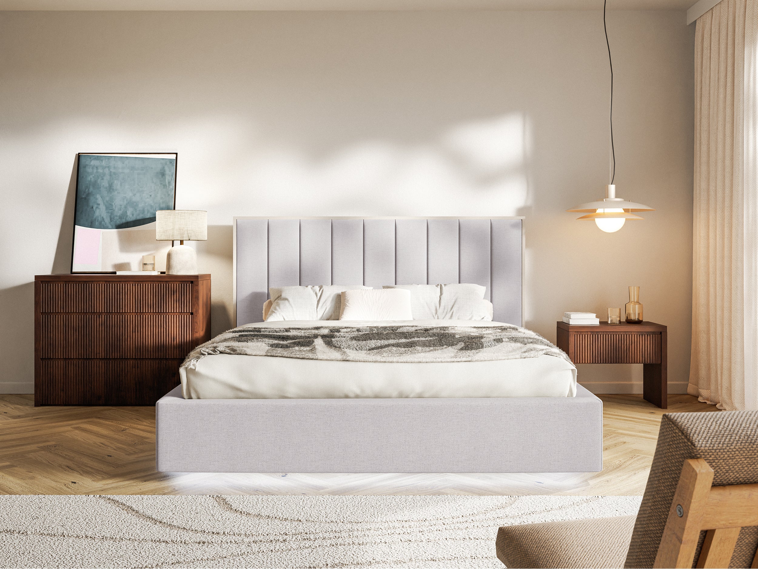 Łóżko tapicerowane 140x200 cm Togents z pojemnikiem i oświetleniem LED stelaż metalowy szare szenil hydrofobowy
