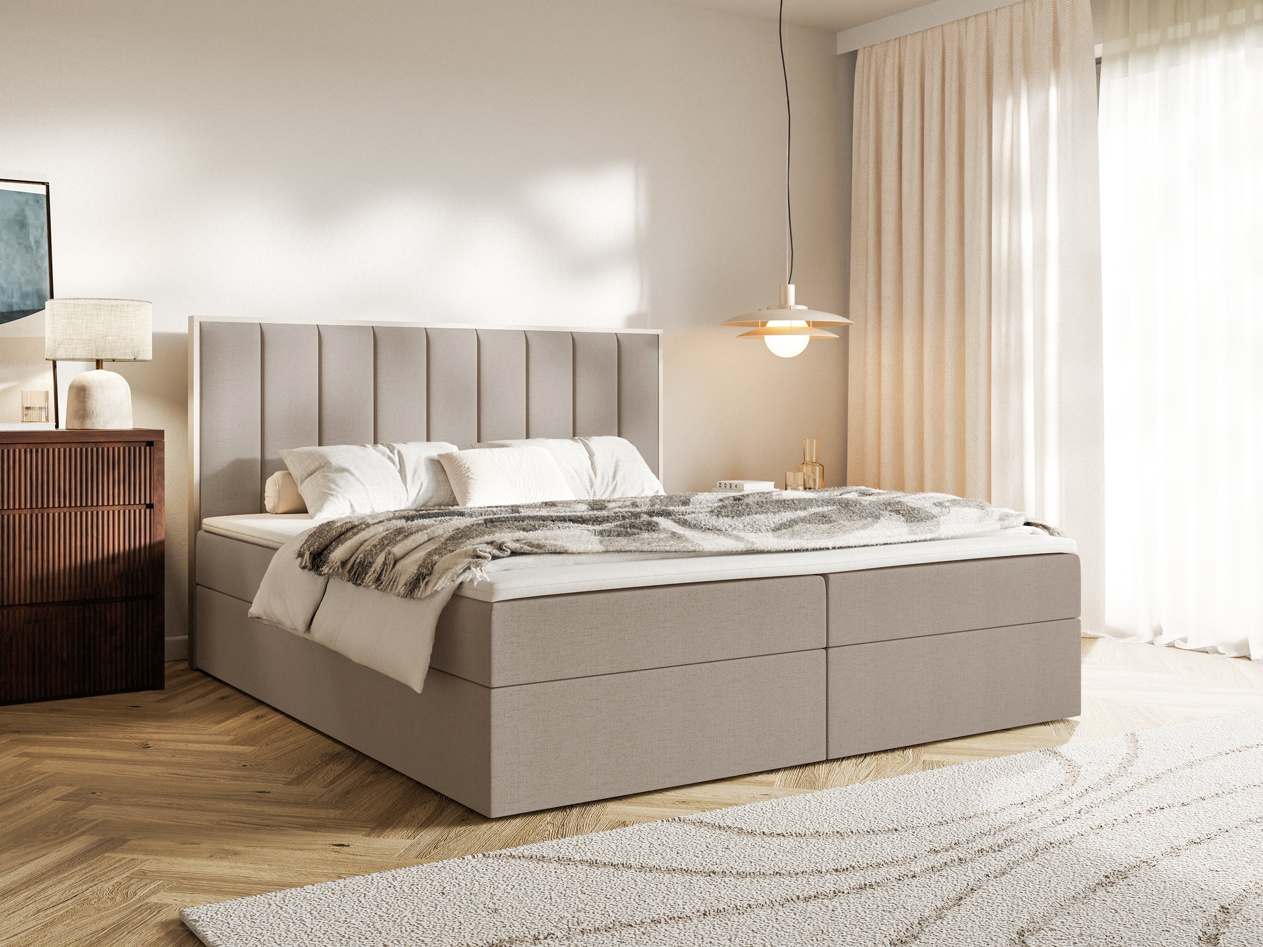 Łóżko kontynentalne 180x200 cm Togents z pojemnikami i topperem brązowe szenil hydrofobowy