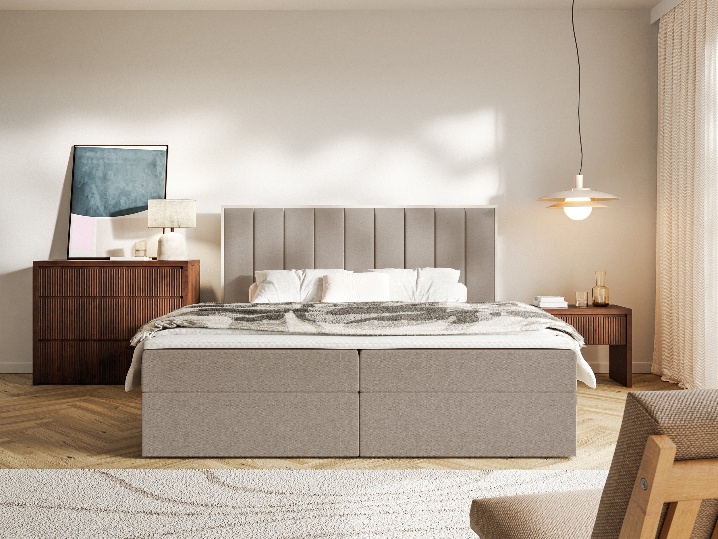 Łóżko kontynentalne 180x200 cm Togents z pojemnikami i topperem brązowe szenil hydrofobowy
