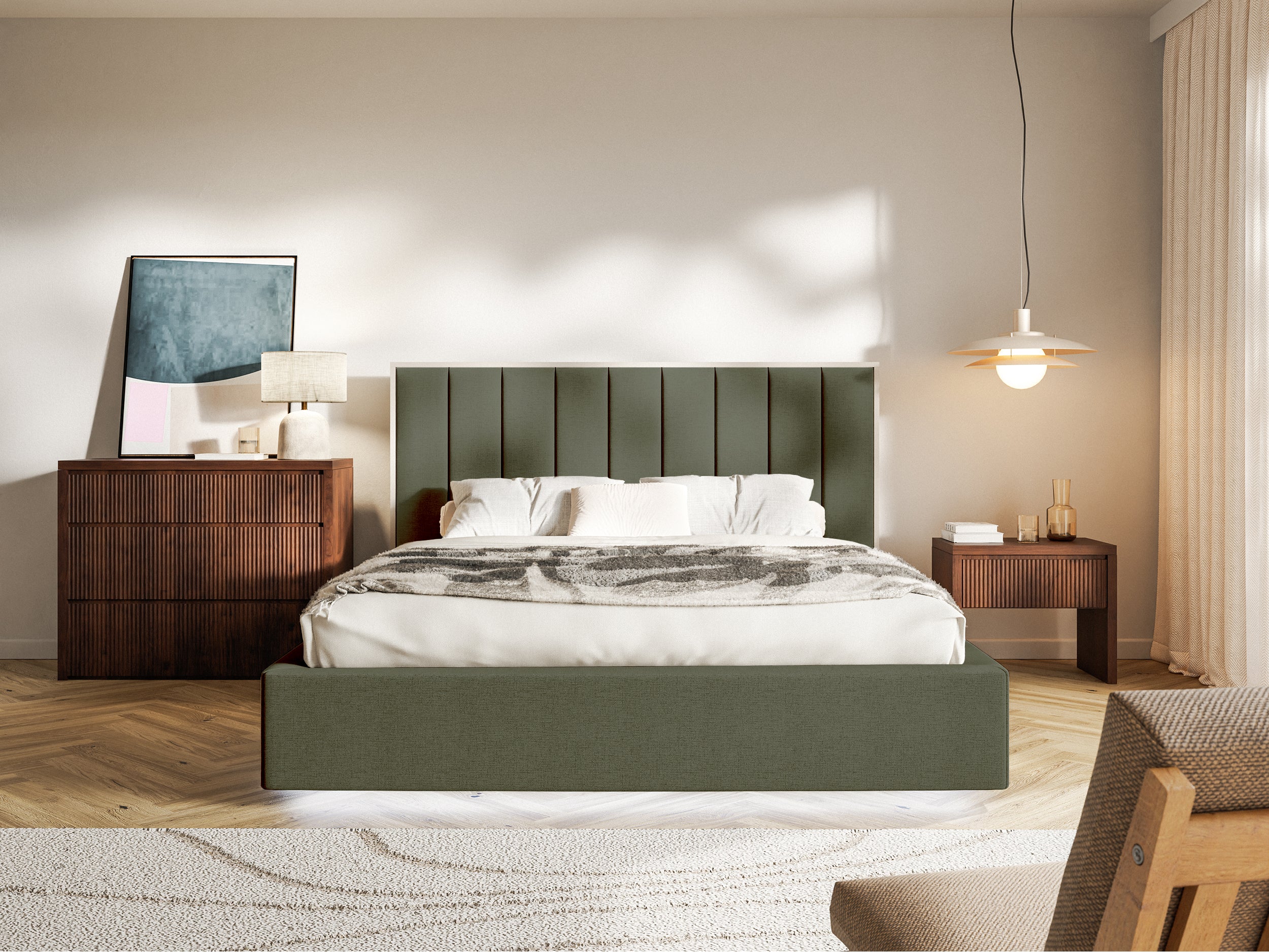 Łóżko tapicerowane 140x200 cm Togents z pojemnikiem i oświetleniem LED stelaż metalowy ciemnozielone szenil hydrofobowy