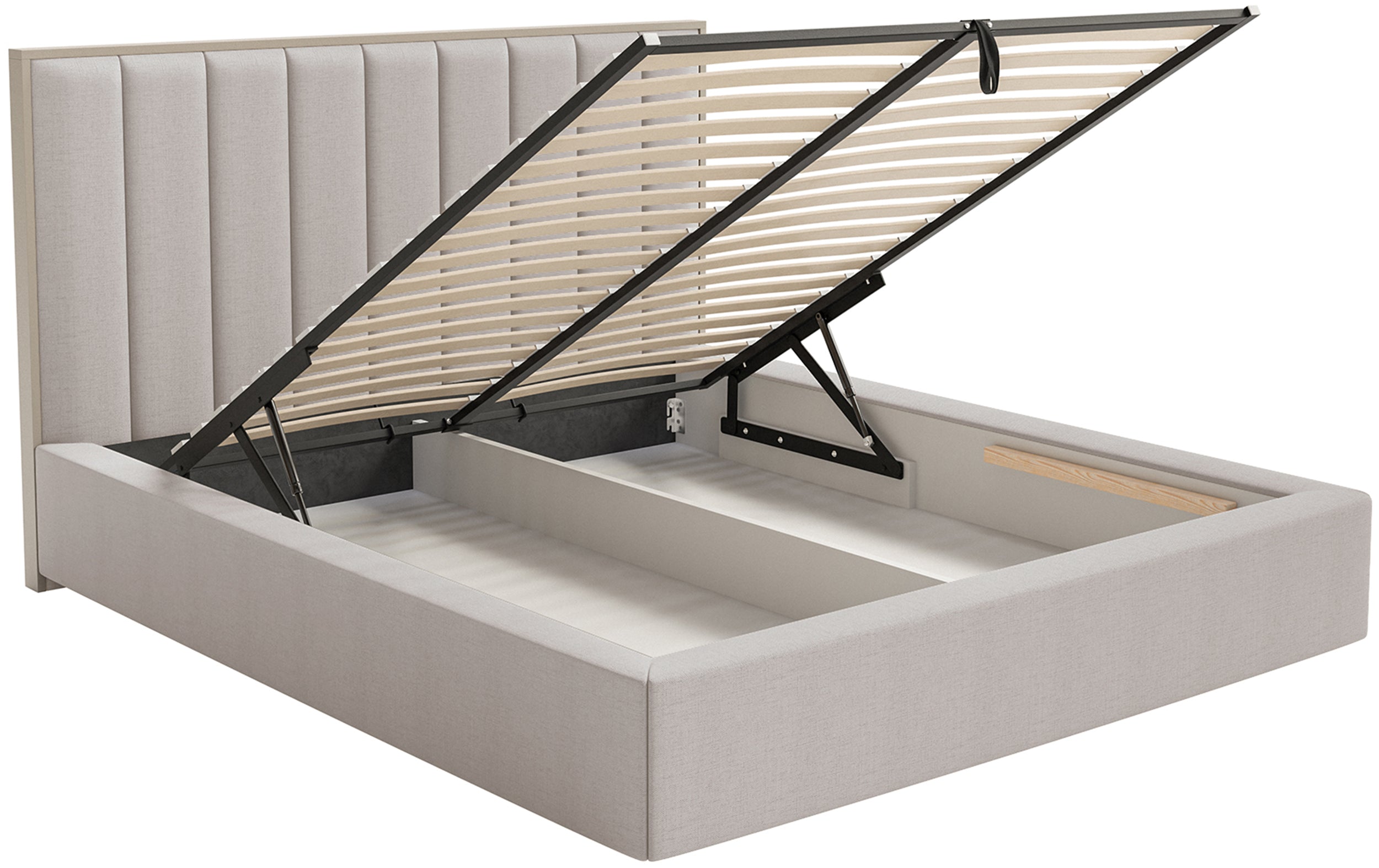 Łóżko tapicerowane 160x200 cm Togents z pojemnikiem i oświetleniem LED stelaż metalowy szarobeżowe szenil hydrofobowy