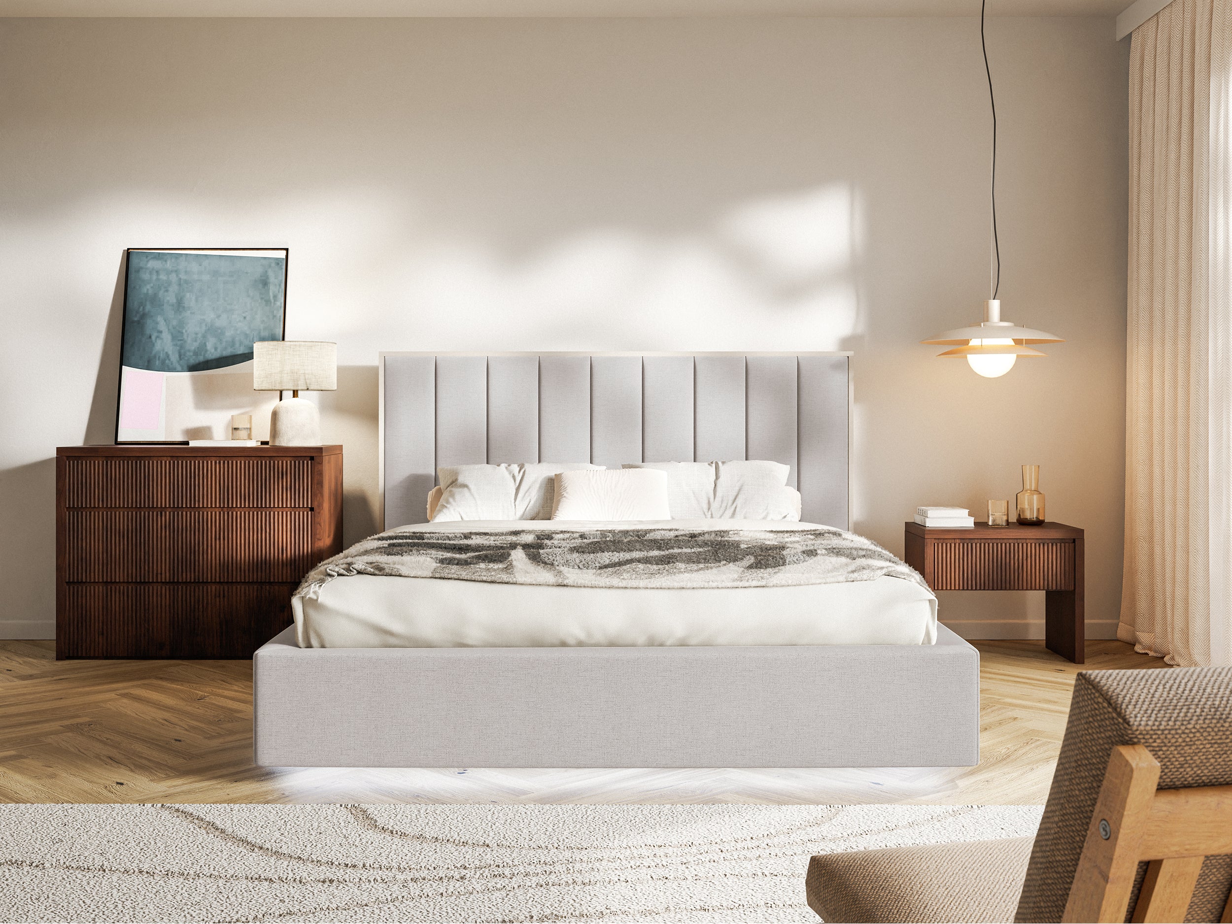 Łóżko tapicerowane 160x200 cm Togents z pojemnikiem i oświetleniem LED stelaż metalowy szarobeżowe szenil hydrofobowy