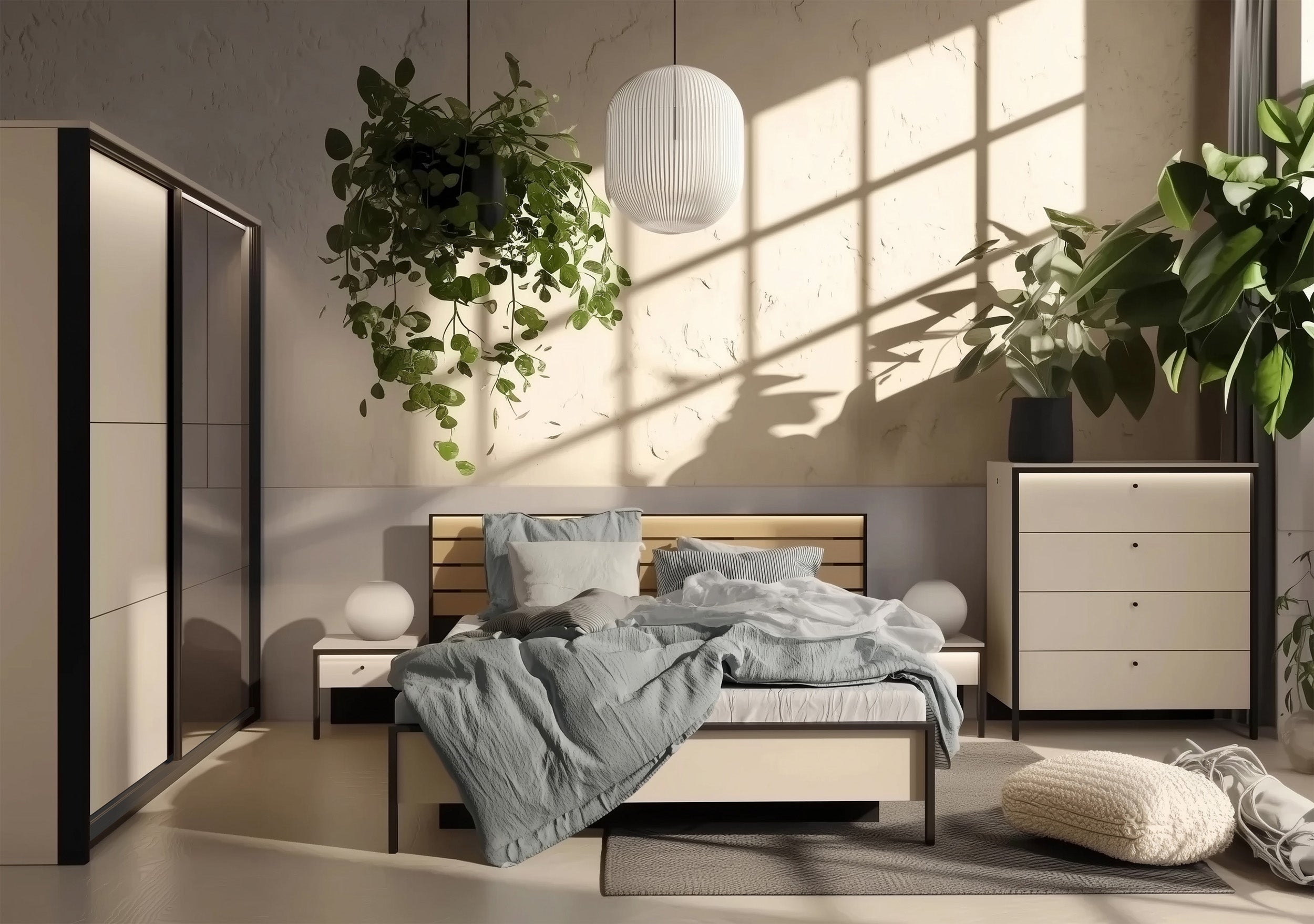 Komoda Enna z czterema szufladami i oświetleniem LED 101 cm beż piaskowy/czarna