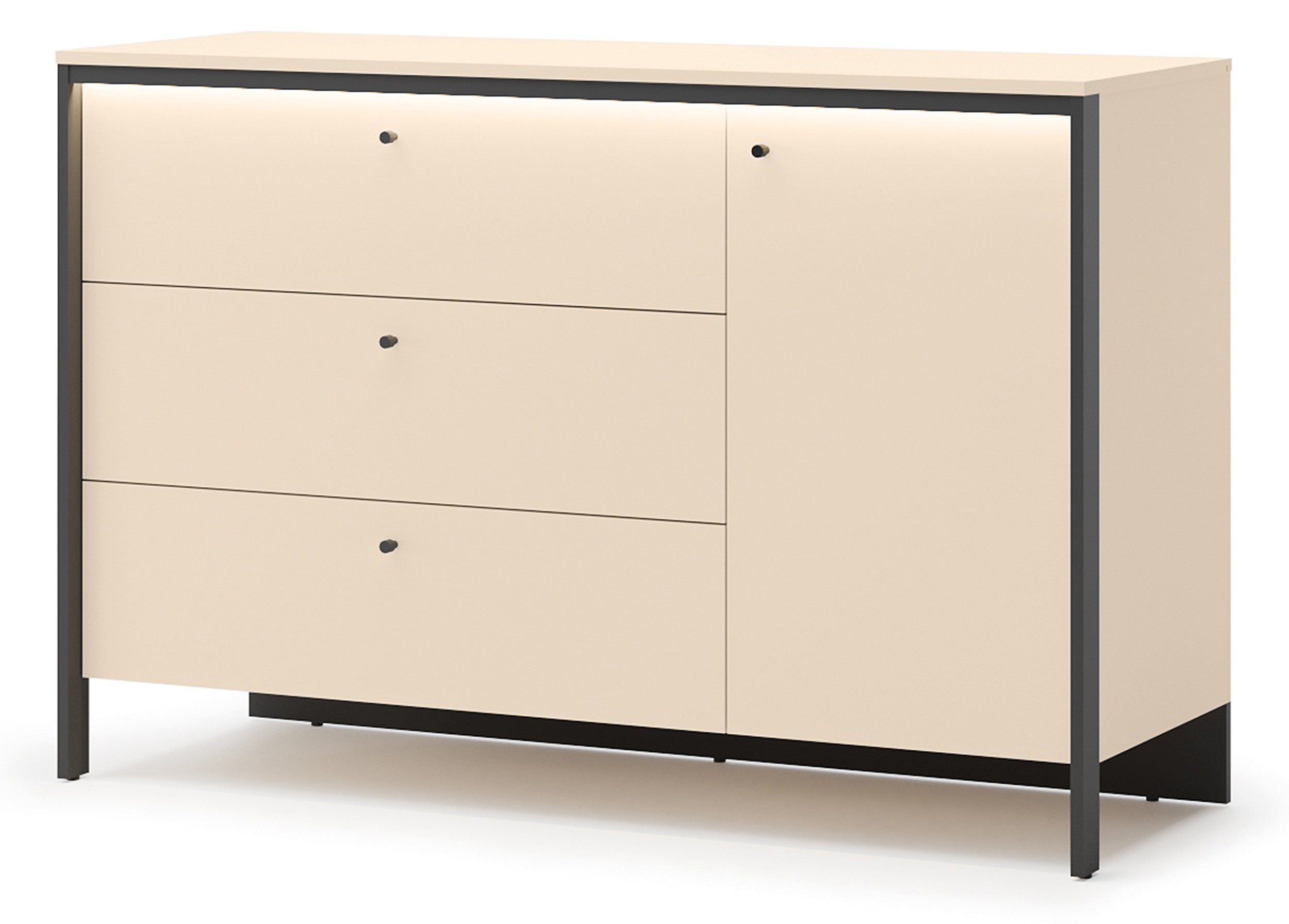 Komoda jednodrzwiowa Enna z trzema szufladami i oświetleniem LED 136 cm beż piaskowy/czarna