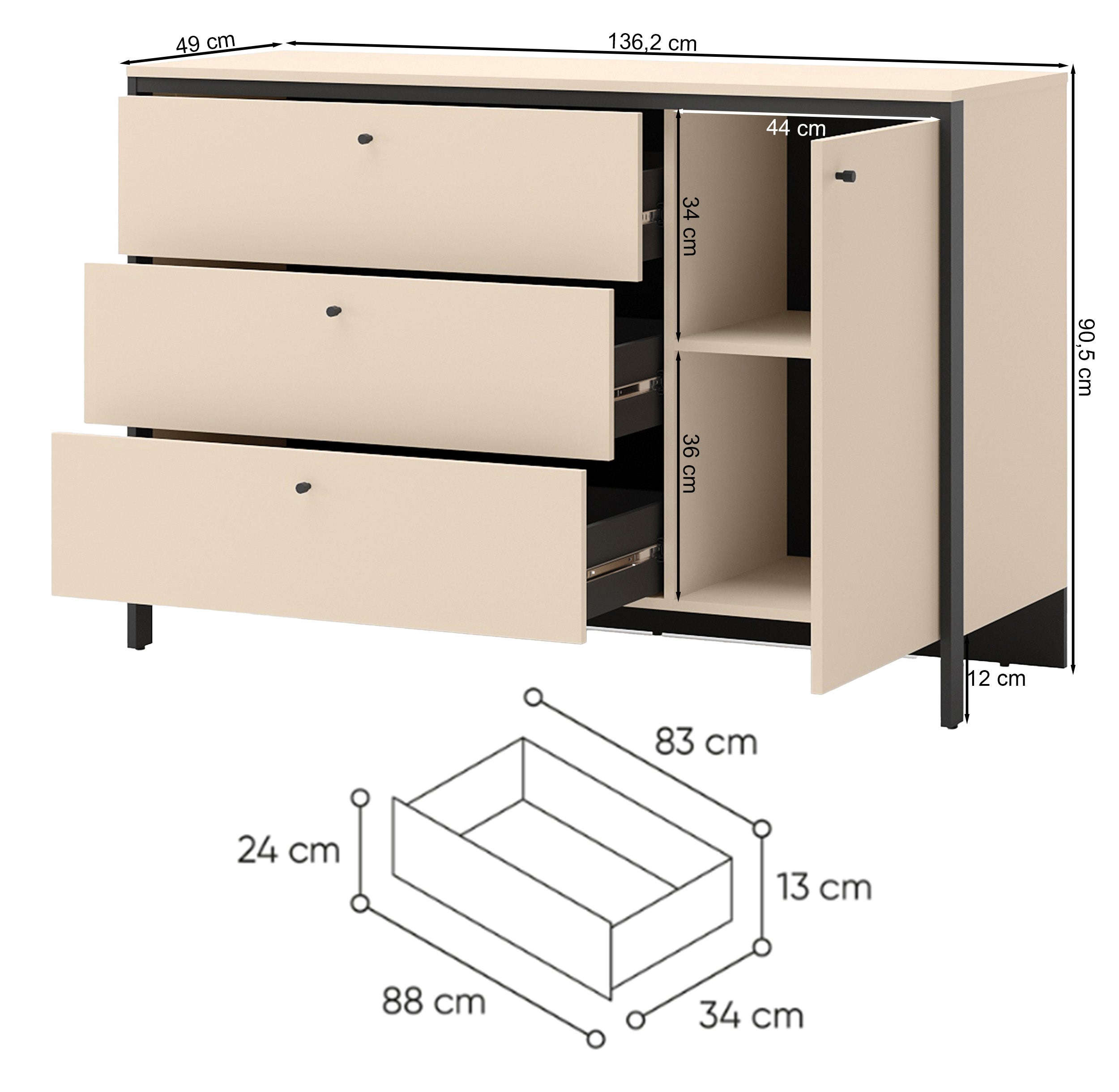 Komoda jednodrzwiowa Enna z trzema szufladami i oświetleniem LED 136 cm beż piaskowy/czarna
