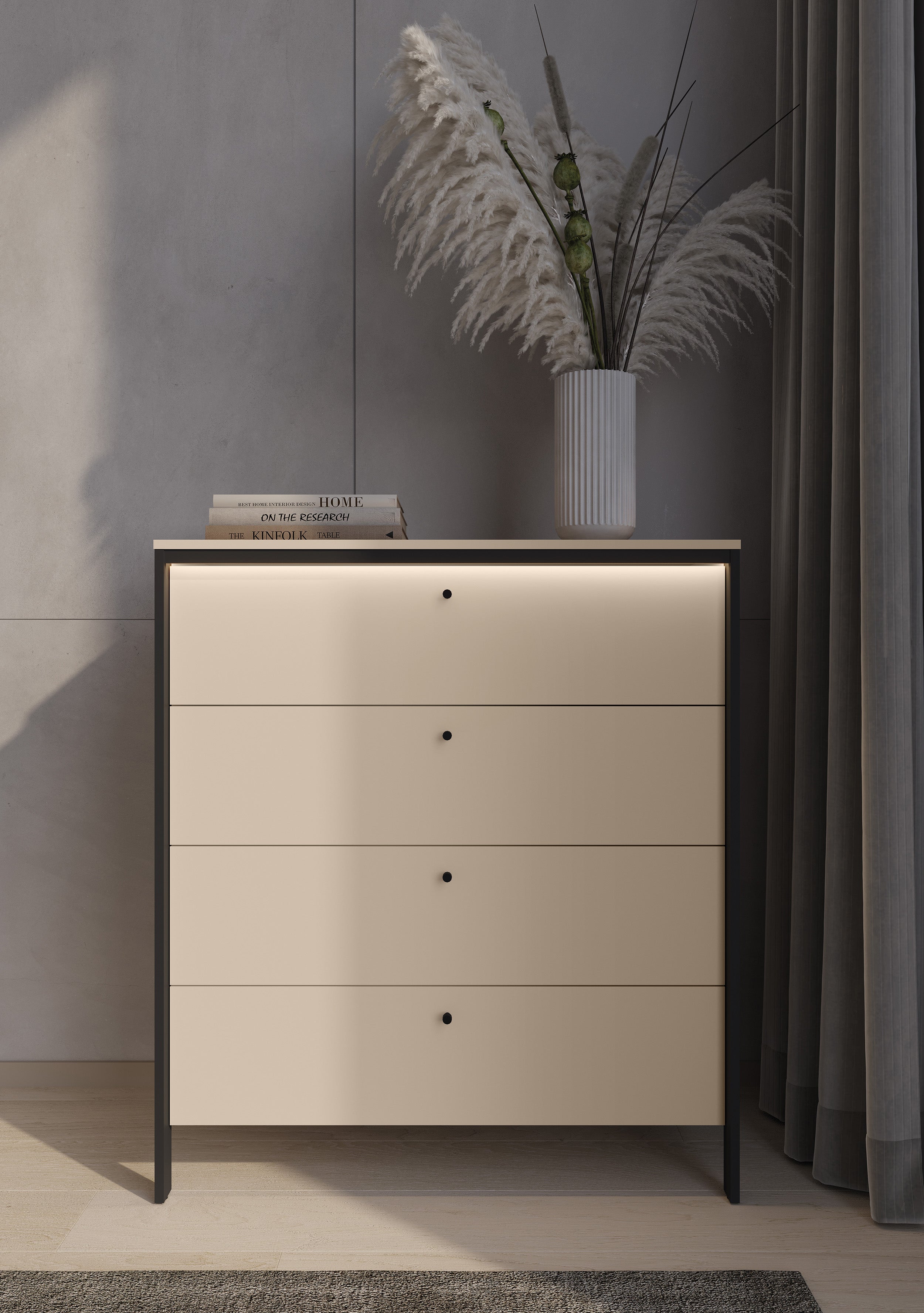 Komoda Enna z czterema szufladami i oświetleniem LED 101 cm beż piaskowy/czarna