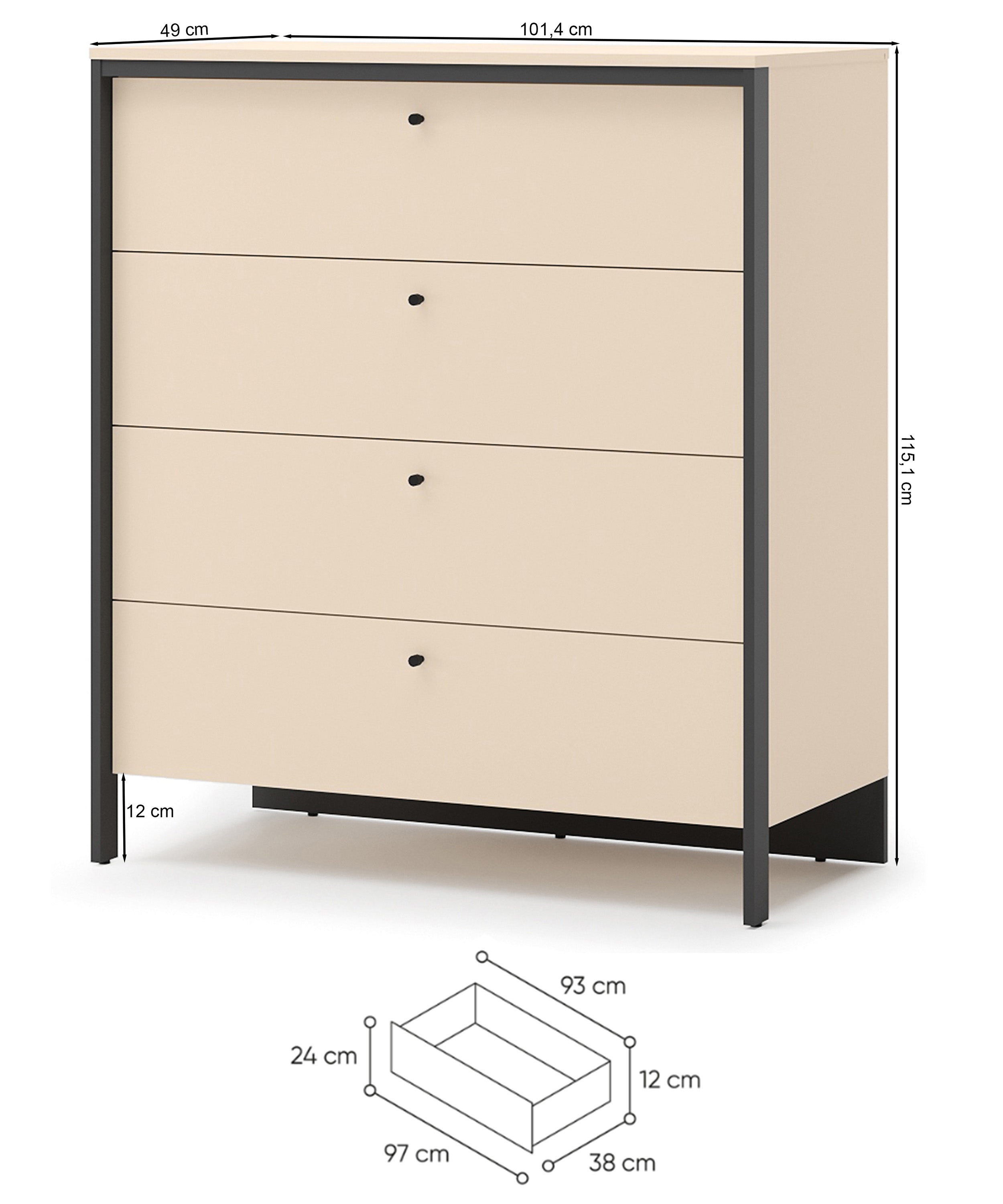 Komoda Enna z czterema szufladami i oświetleniem LED 101 cm beż piaskowy/czarna