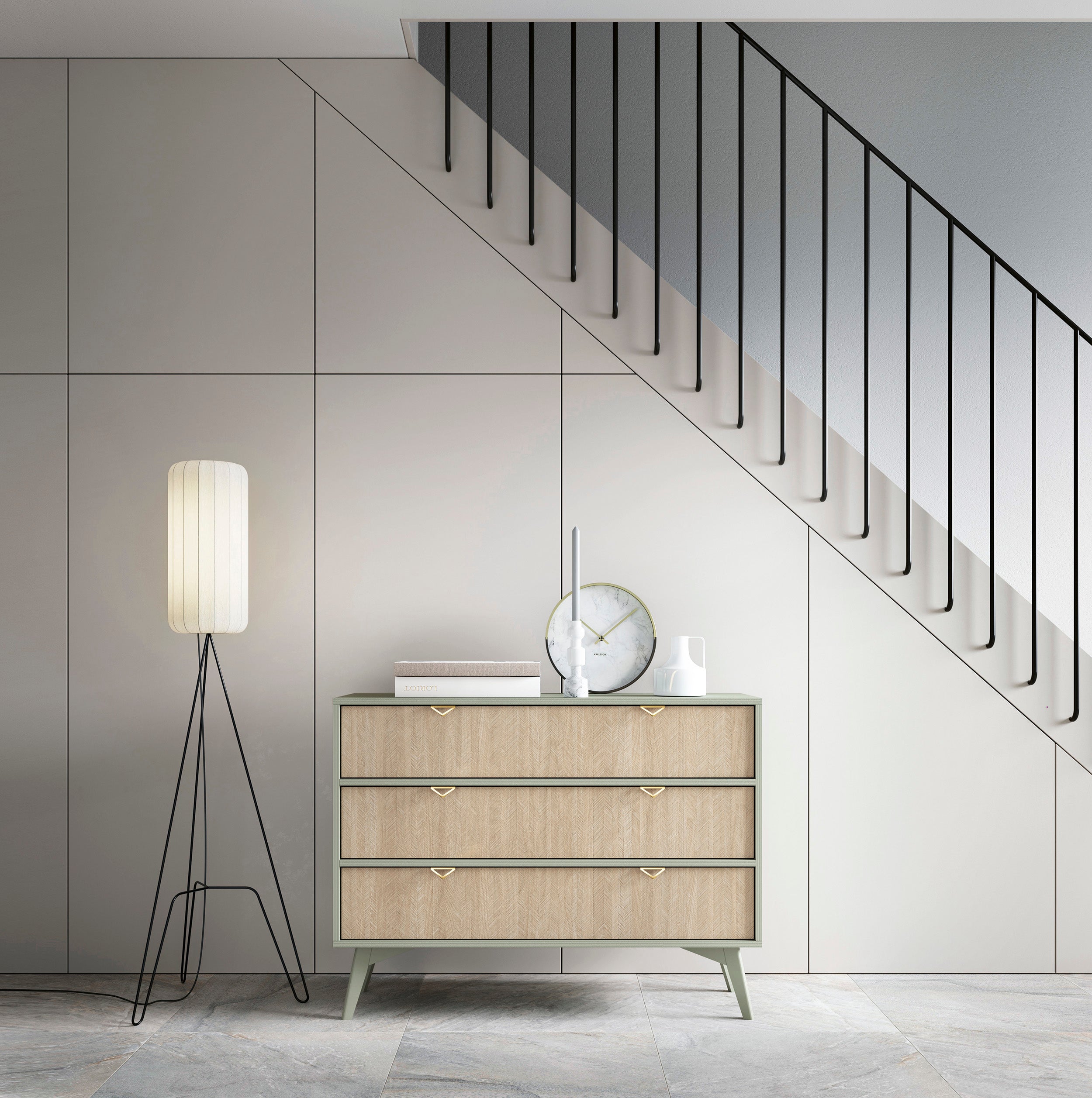Komoda Favoria z szufladami 106 cm eukaliptus/jodełka scandi ze złotymi uchwytami
