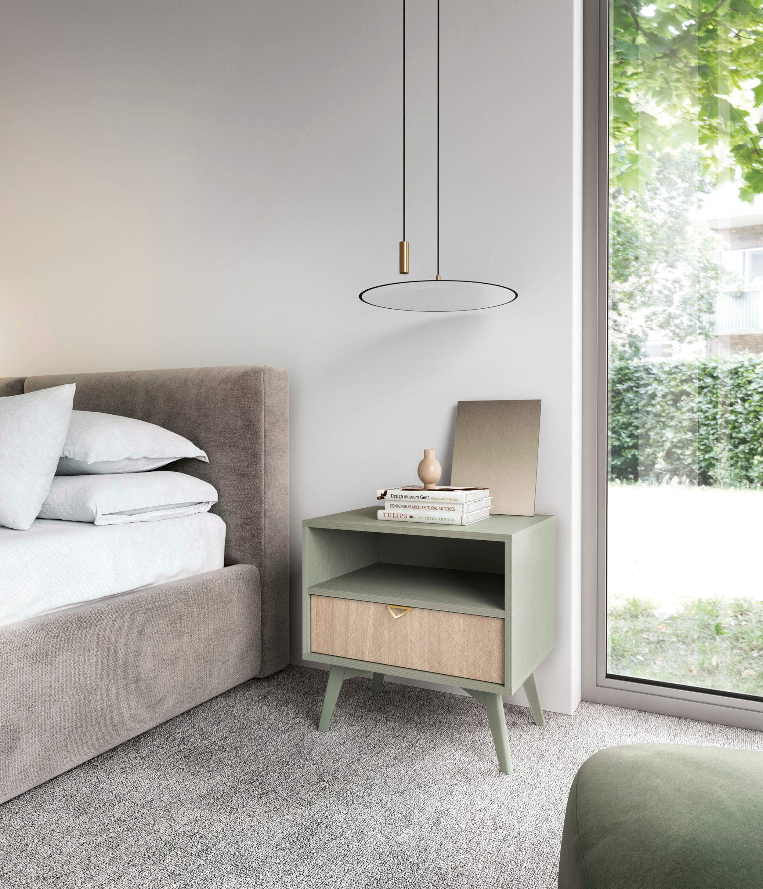 Szafka nocna Favoria z szufladą 54 cm eukaliptus/jodełka scandi ze złotym uchwytem