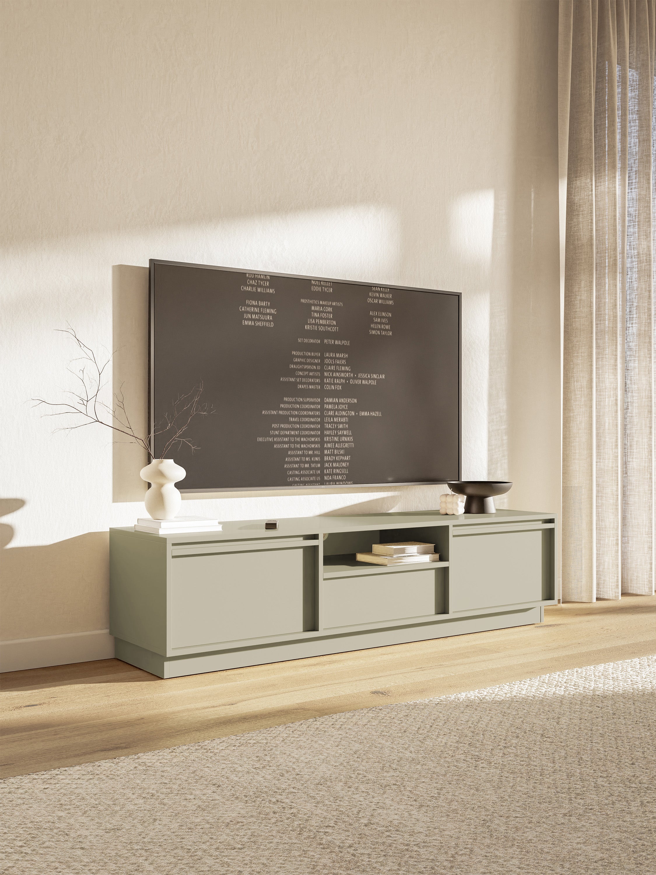 Szafka RTV dwudrzwiowa Evo z szufladą 154 cm kaszmir na cokole
