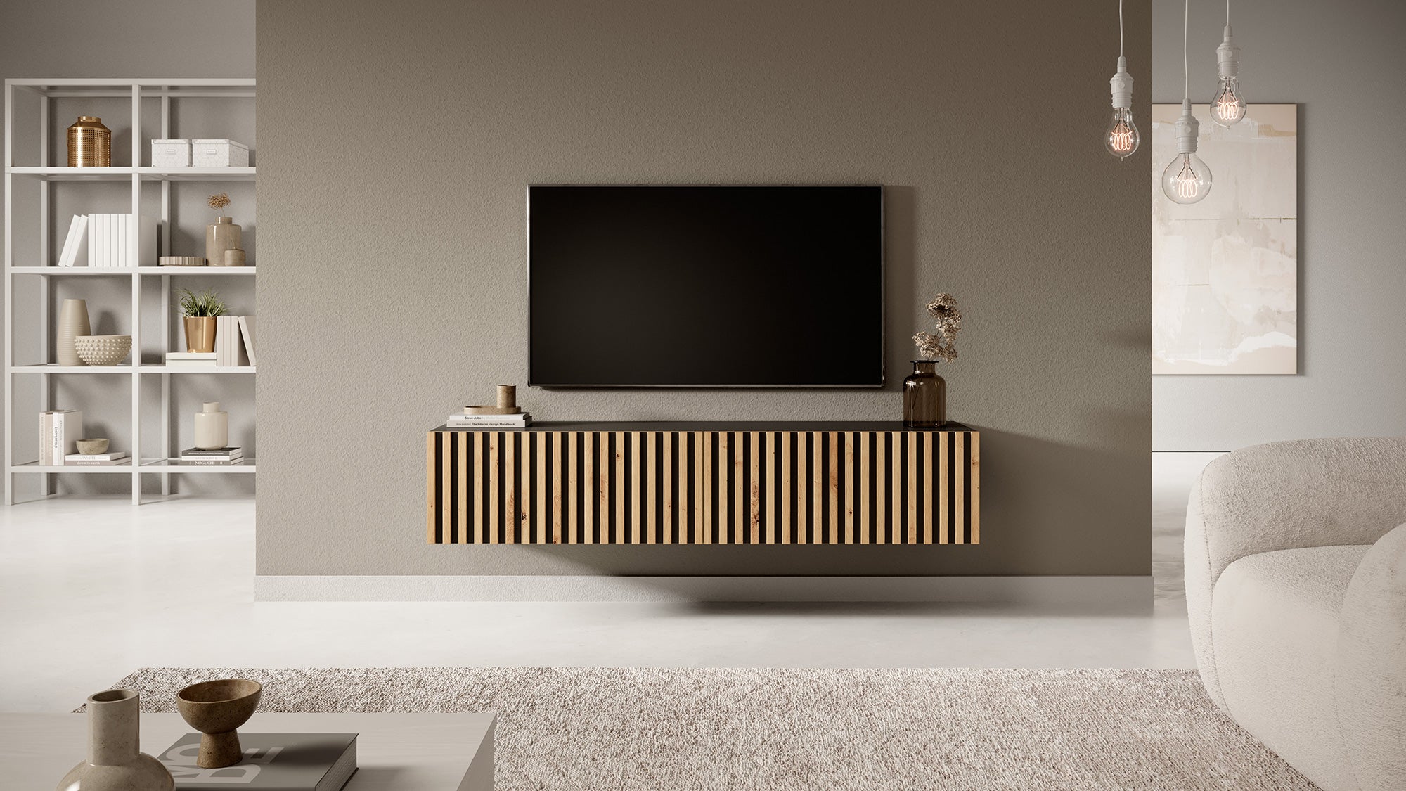 Szafka RTV Telire 138,6 cm czarna z lamelowym frontem dąb artisan