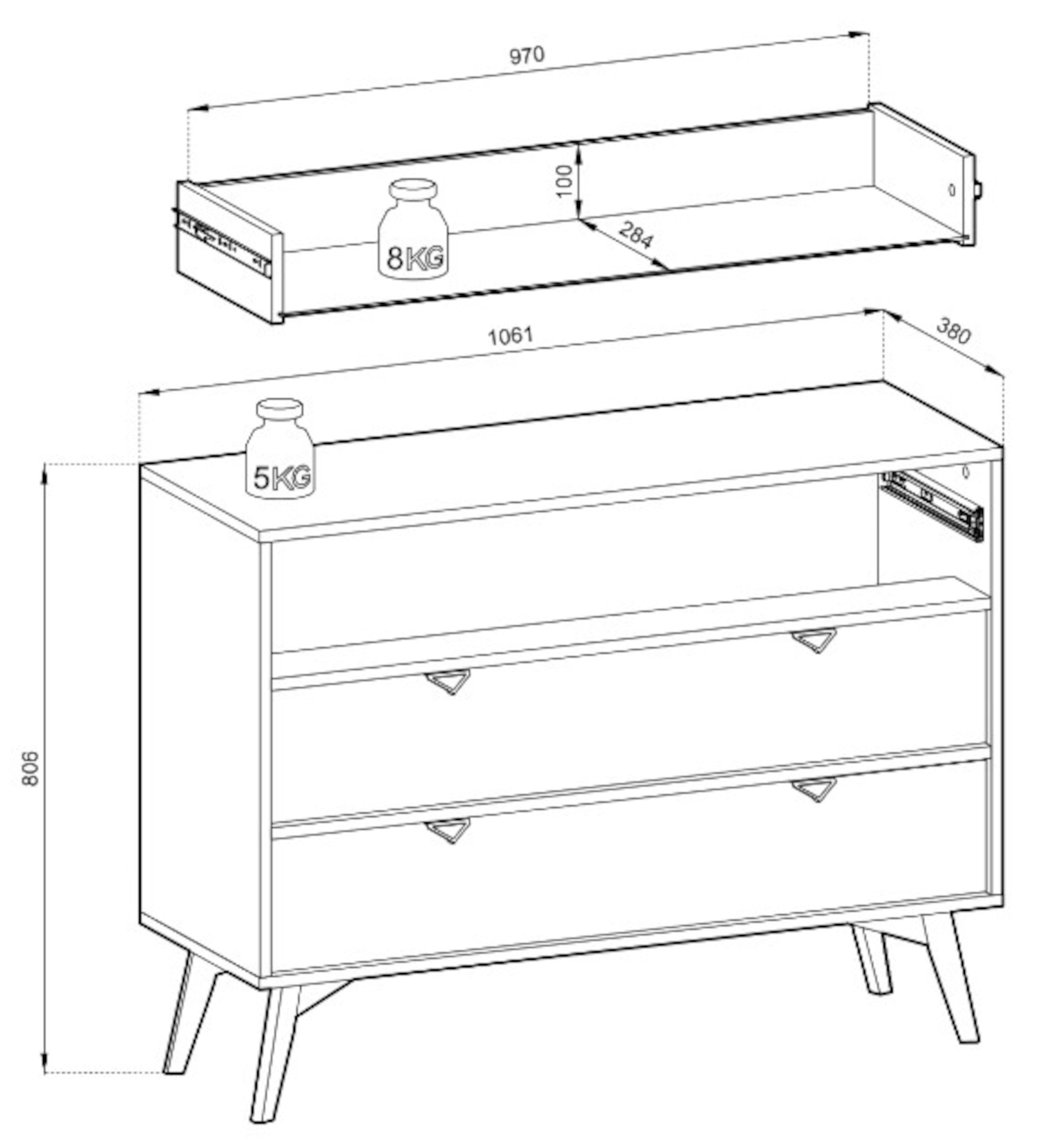 Komoda Favoria z szufladami 106 cm beżowa/jodełka scandi ze złotymi uchwytami