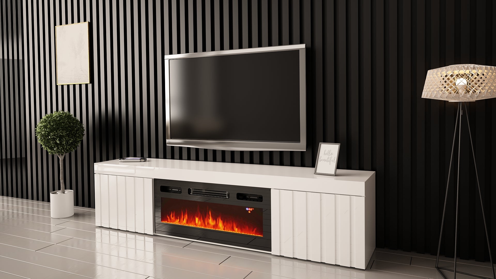 Szafka RTV Kalva 180 cm z kominkiem elektrycznym biały połysk lamele
