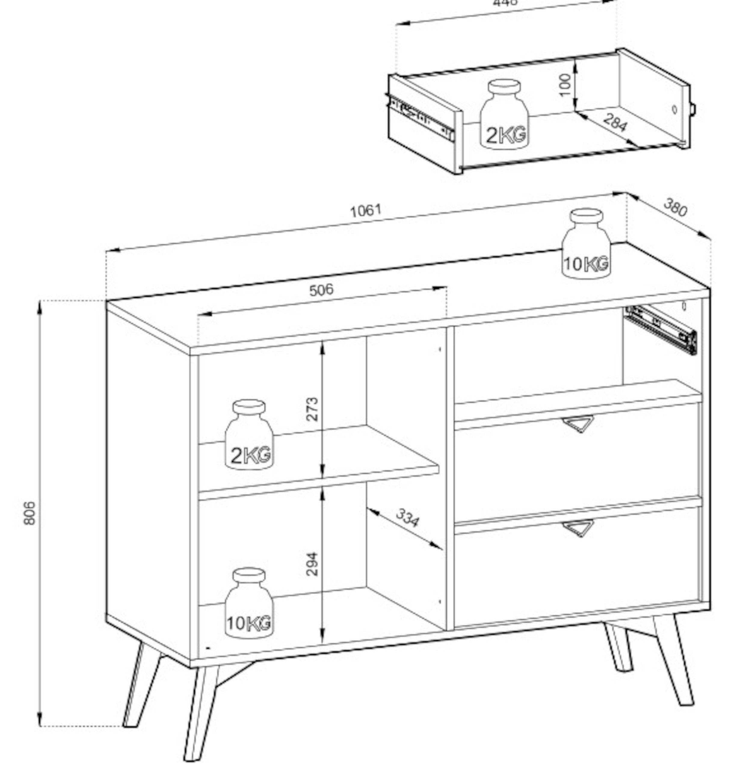 Komoda Favoria jednodrzwiowa z szufladami 106 cm beżowa/jodełka scandi ze złotymi uchwytami