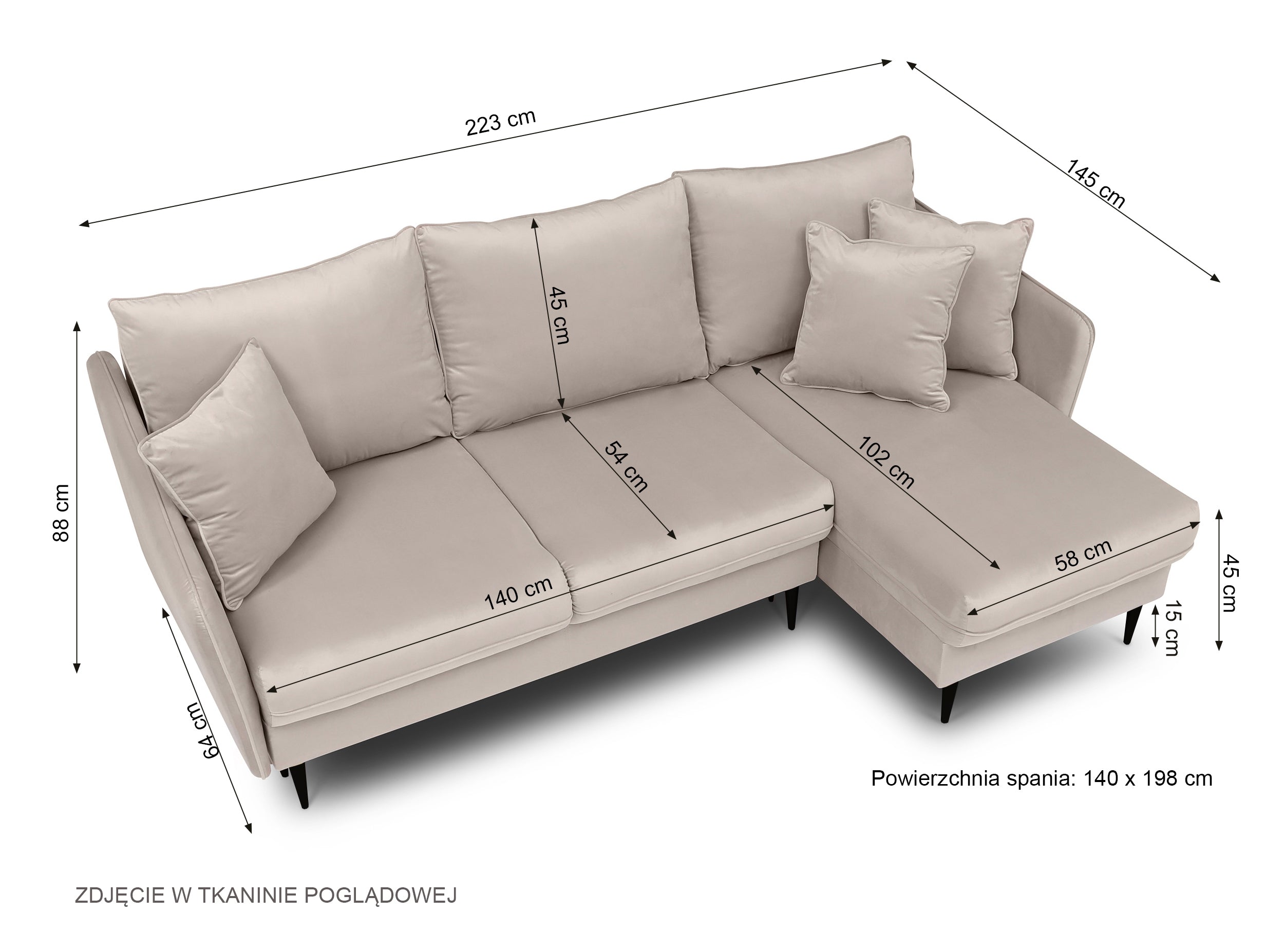 Narożnik z funkcją spania Volio szary velvet hydrofobowy nogi czarne