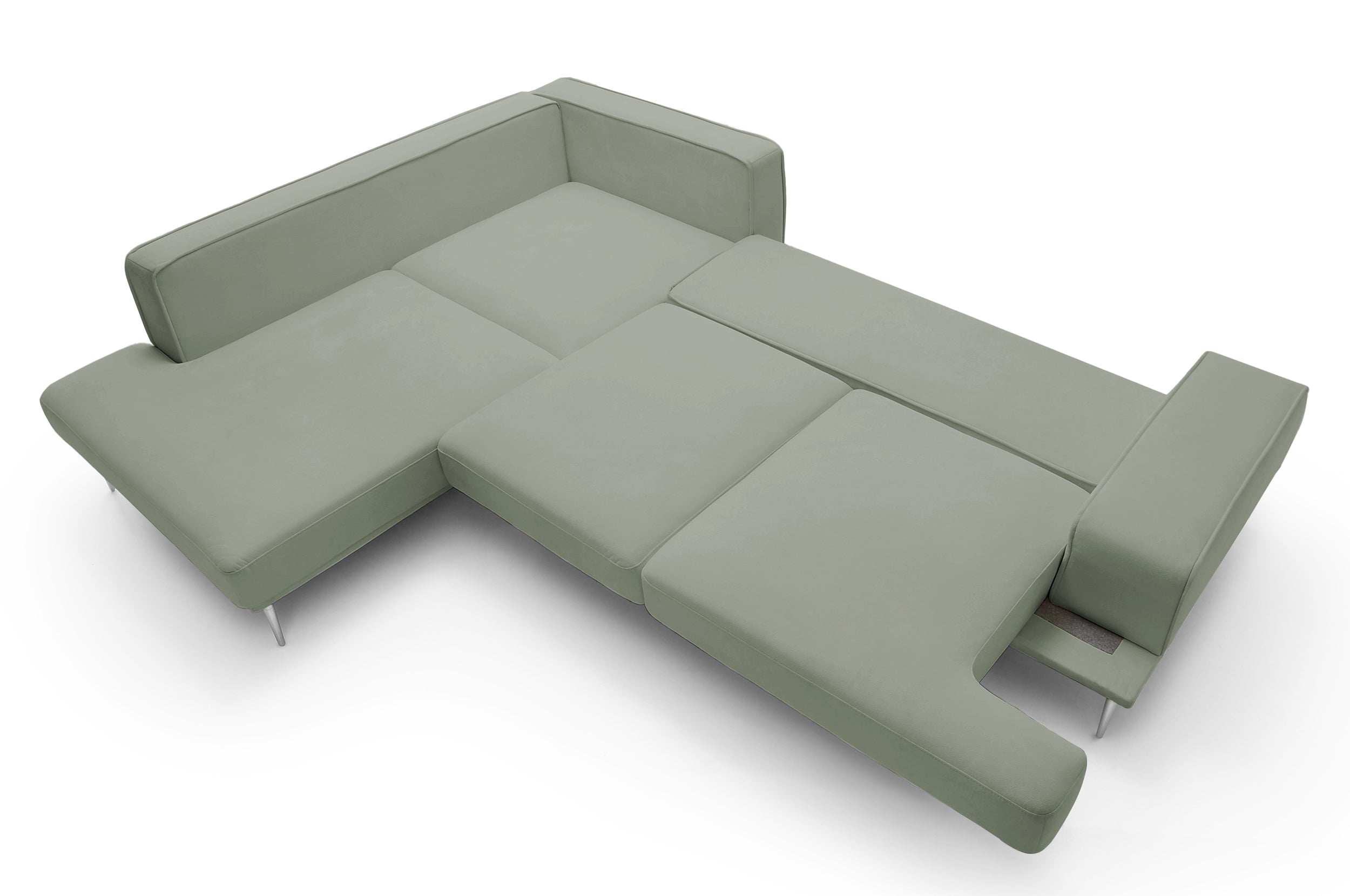 Narożnik z funkcją spania Mesito L-kształtny prawostronny jasnozielony welur nogi srebrne