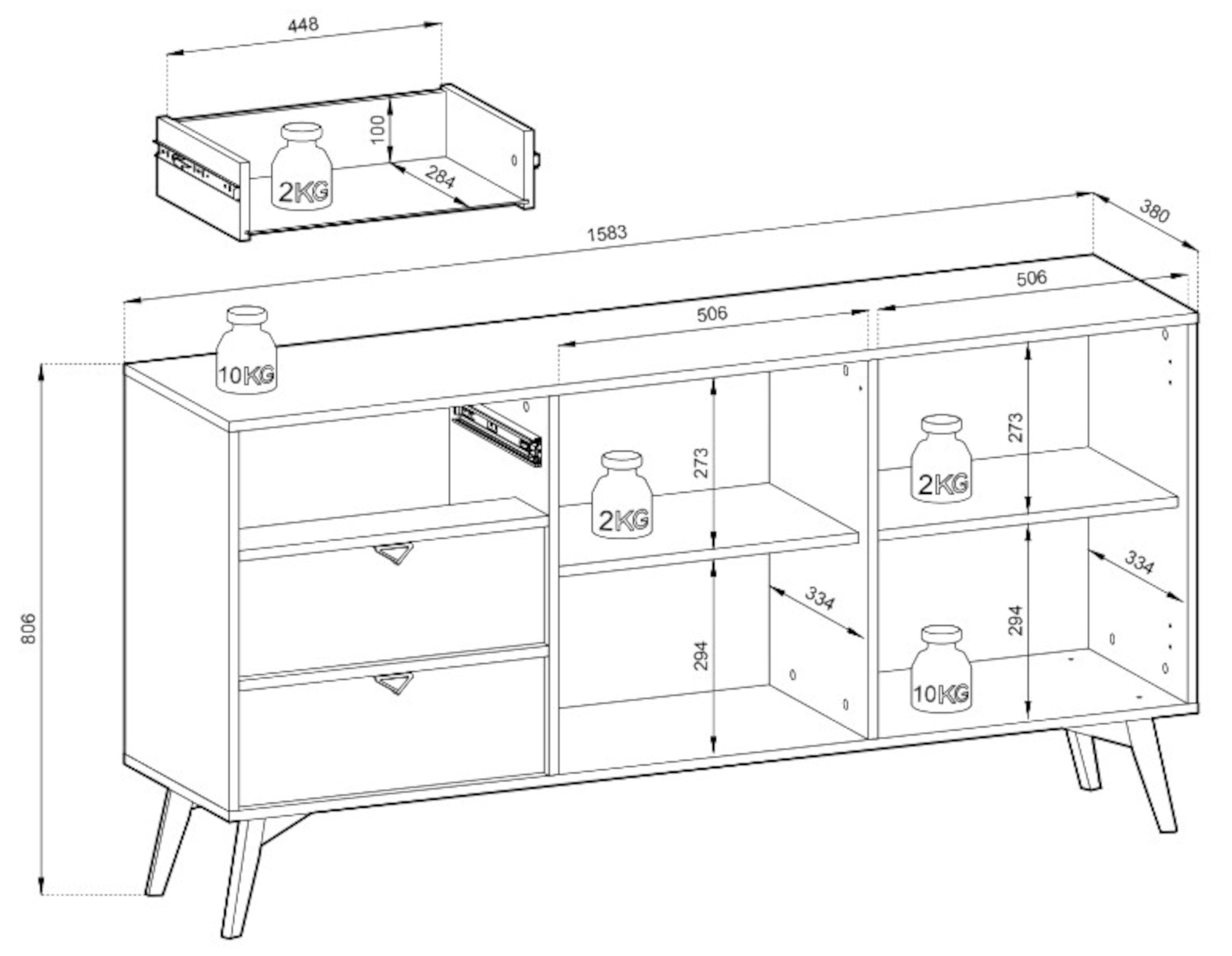 Komoda Favoria dwudrzwiowa z szufladami 158 cm beżowa/jodełka scandi ze złotymi uchwytami