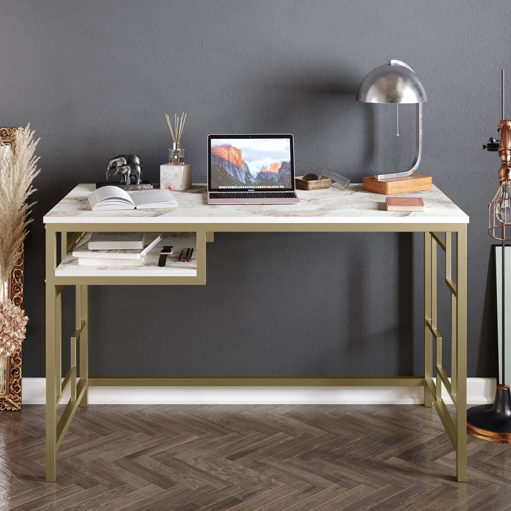 Biurko glamour Marade 120x60 cm z półką na złotym stelażu