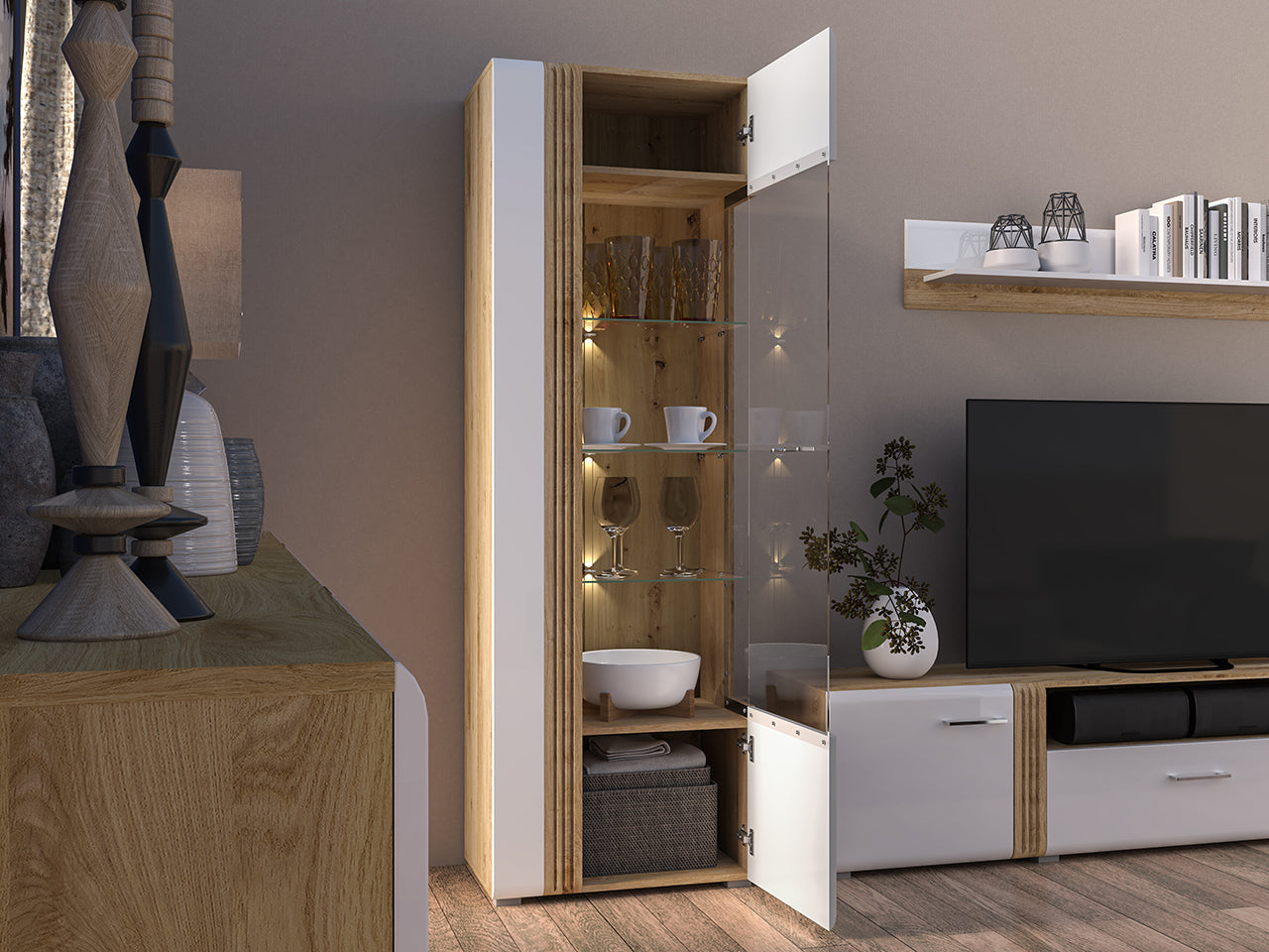 Witryna wysoka Fandri 65 cm prawostronna Dąb castello / Biały połysk