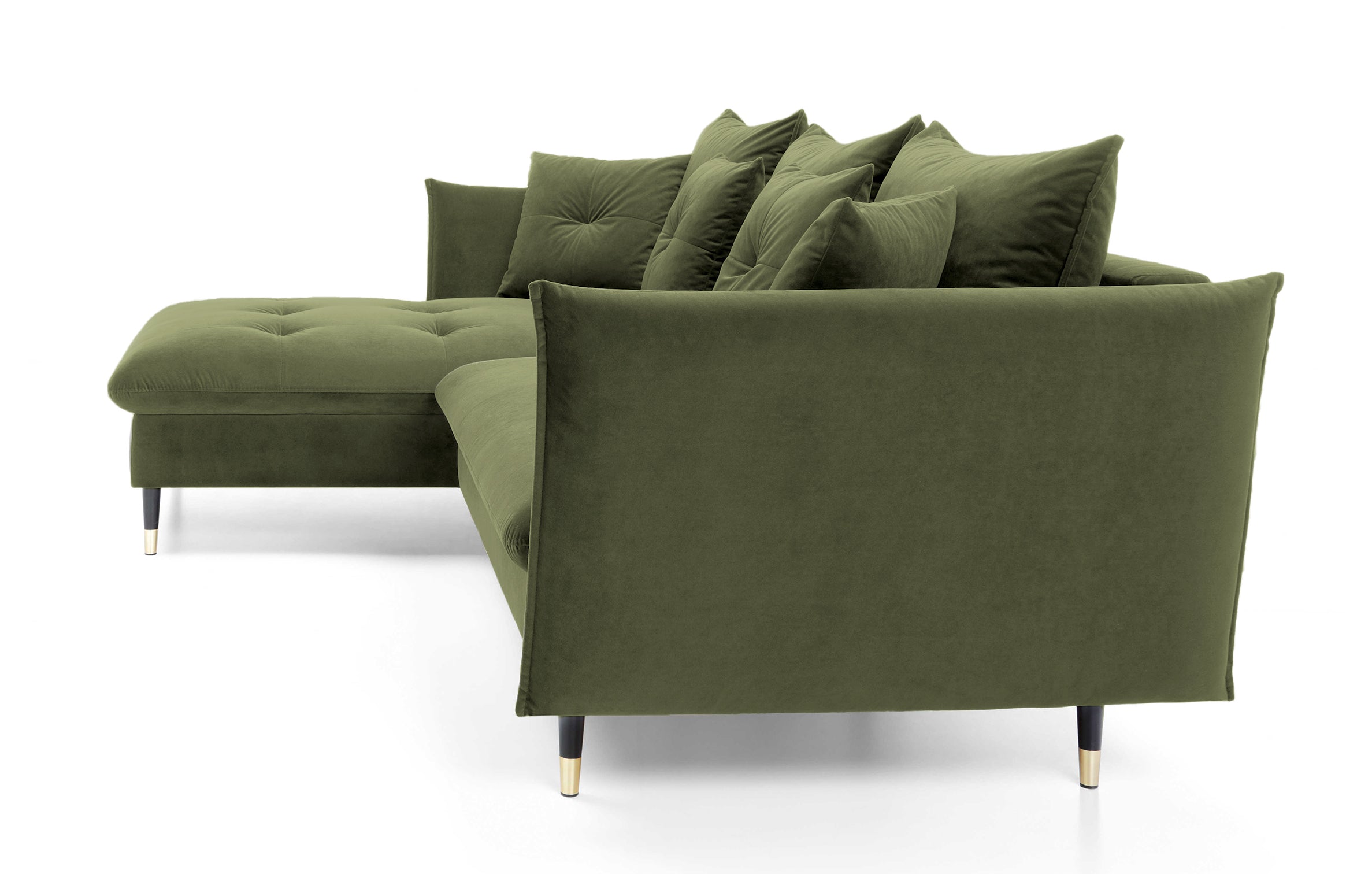 Narożnik z funkcją spania Balze L-kształtny z pojemnikiem oliwkowy velvet hydrofobowy lewostronny