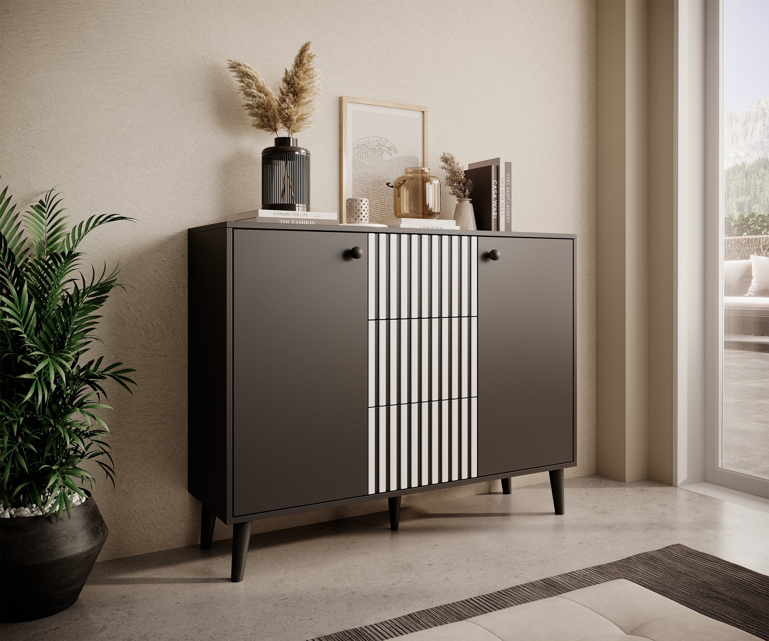 Komoda dwudrzwiowa Mahimmi 120 cm czarna/biała lamele