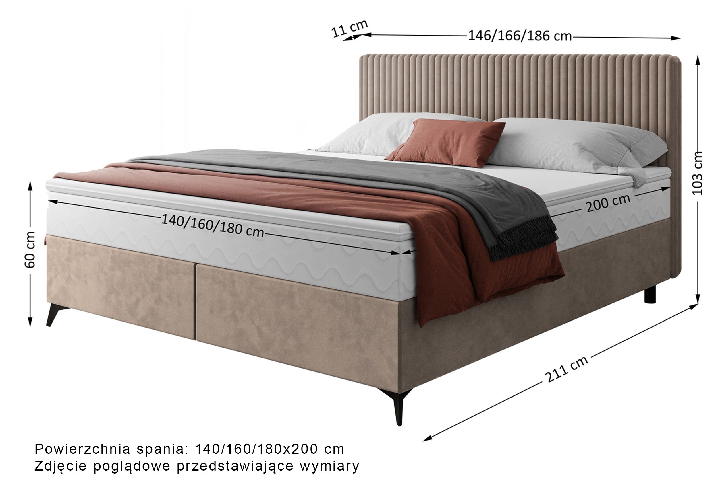 Łóżko kontynentalne 140x200 cm Falwo z pojemnikiem jasnobeżowe gruby sztruks