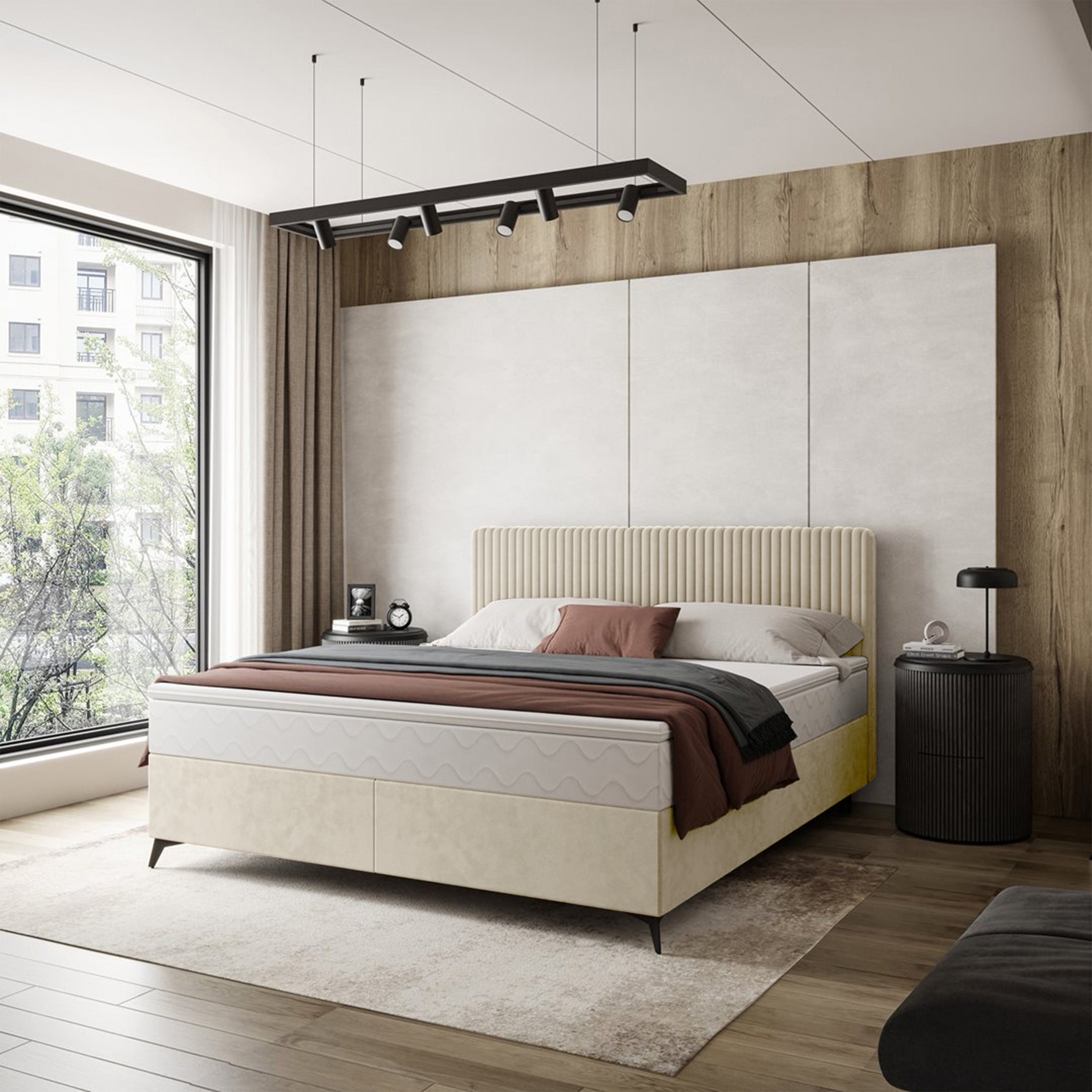 Łóżko kontynentalne 140x200 cm Falwo z pojemnikiem jasnobeżowe gruby sztruks