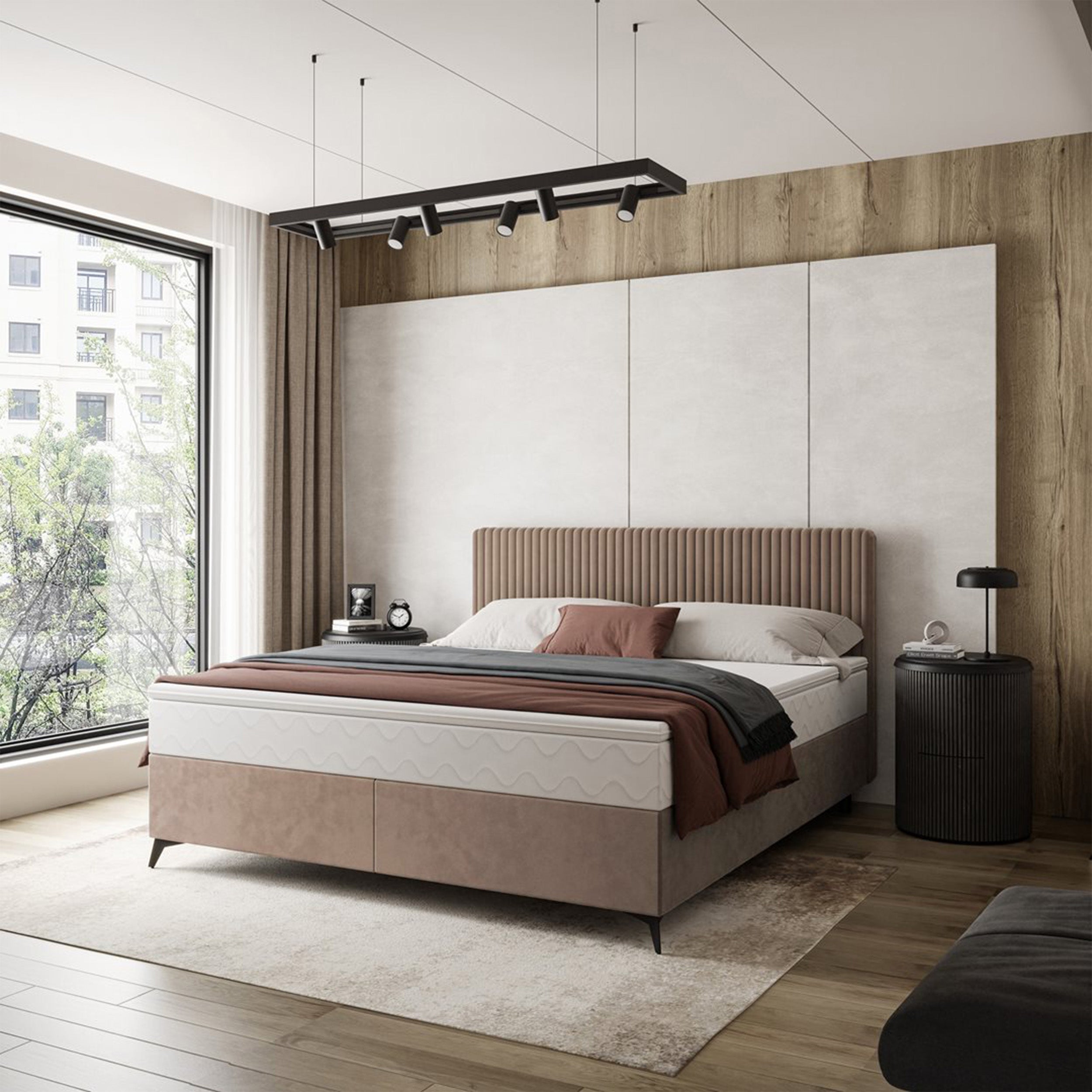 Łóżko kontynentalne 180x200 cm Falwo z pojemnikiem jasnobrązowe gruby sztruks