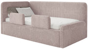 Łóżko młodzieżowe 120x200 cm Fanklo lewostronne z pojemnikiem i barierkami pudroworóżowe plusz hydrofobowy