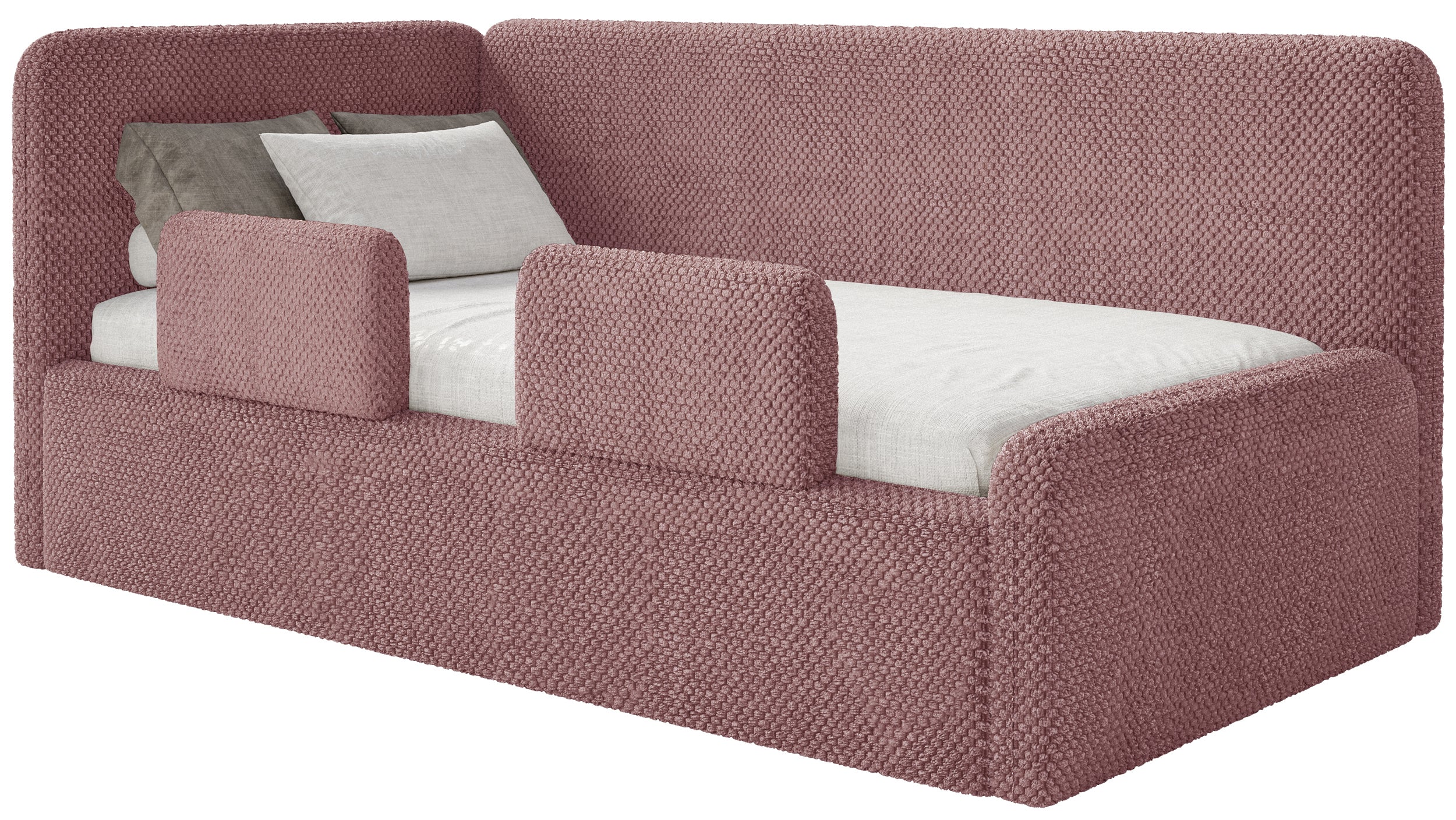 Łóżko młodzieżowe 90x200 cm Fanklo lewostronne z pojemnikiem i barierkami różowe plusz hydrofobowy