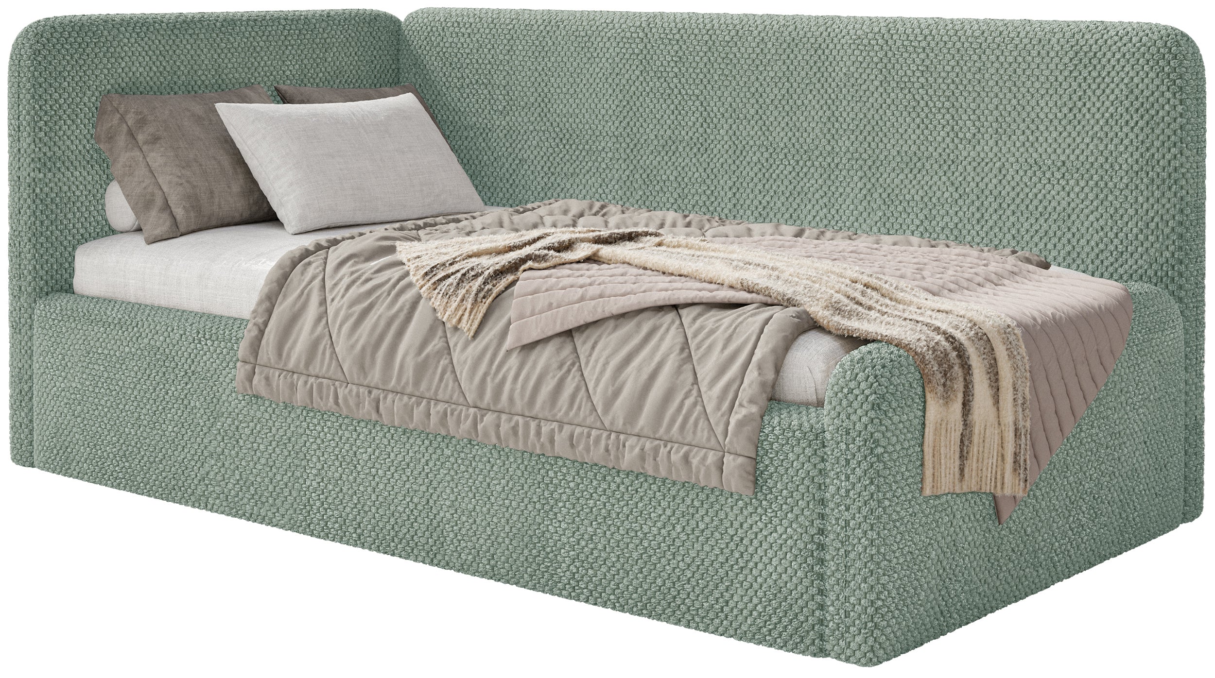 Łóżko młodzieżowe 120x200 cm Fanklo lewostronne z materacem i pojemnikiem szałwiowe plusz hydrofobowy