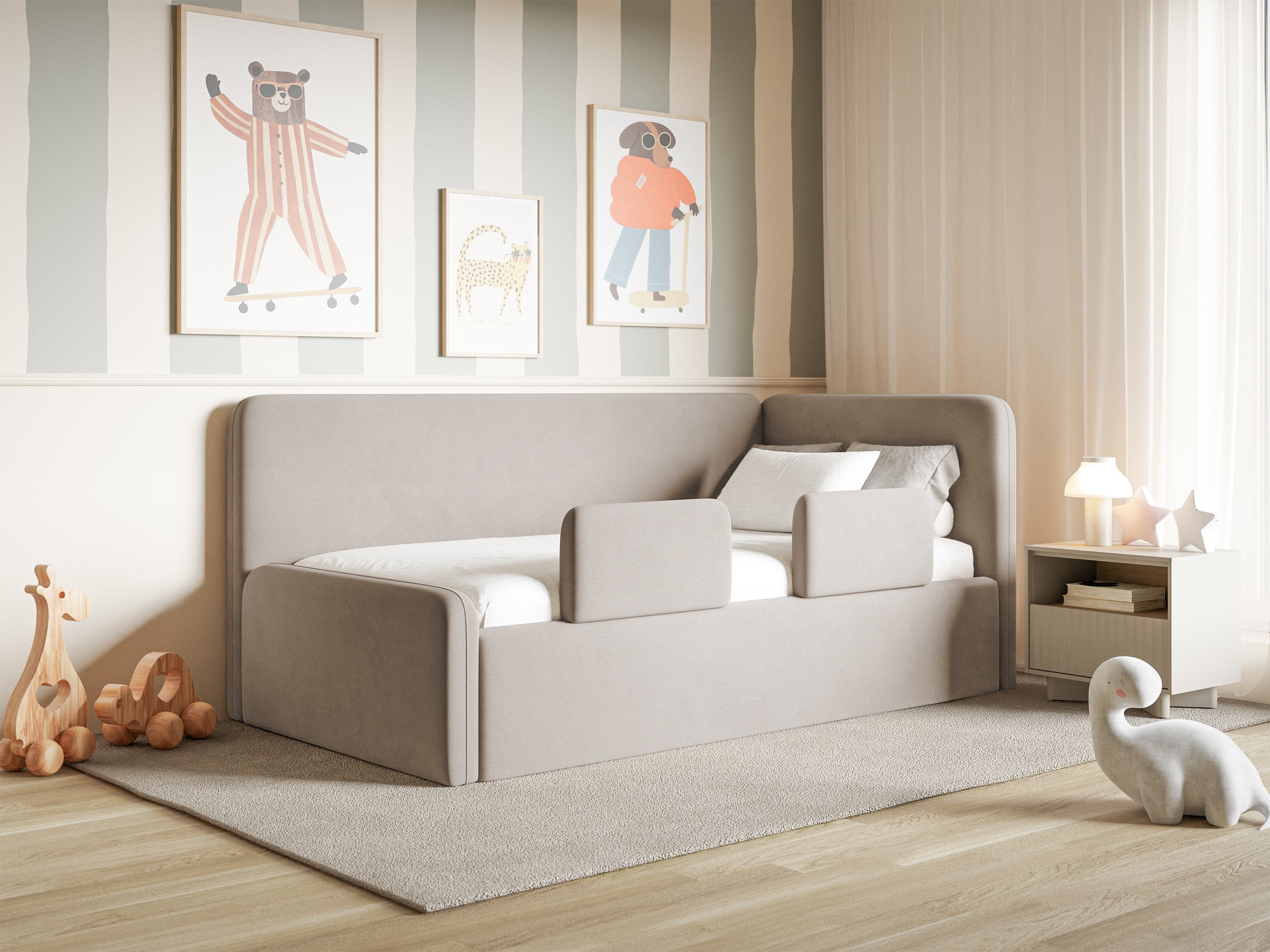 Łóżko młodzieżowe 90x200 cm Fanklo prawostronne z materacem pojemnikiem i barierkami szarobeżowe welur hydrofobowy łatwoczyszczący