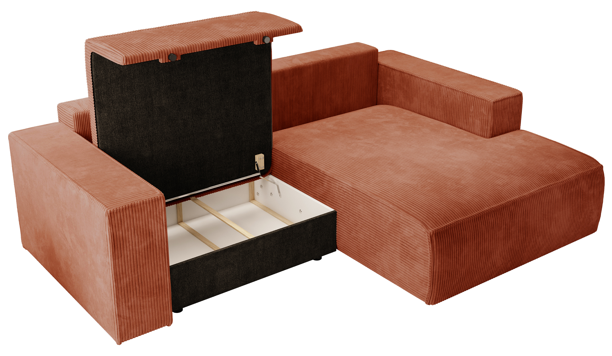 Narożnik z funkcją spania Farese mini L-kształtny prawostronny z pojemnikiem miedziany sztruks