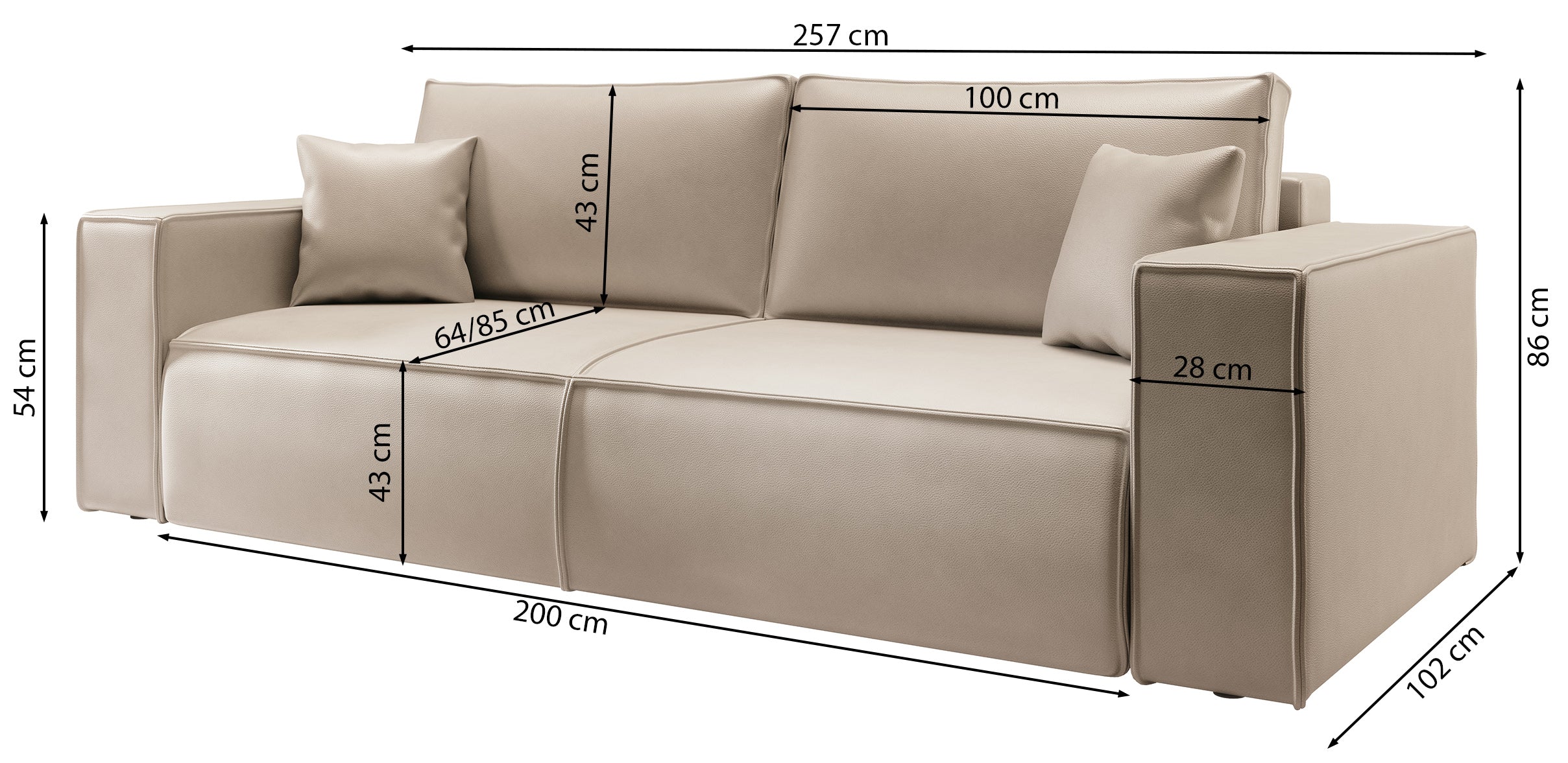 Kanapa rozkładana trzyosobowa Farese Cuero z pojemnikiem ciemnoszara ekoskóra łatwoczyszcząca
