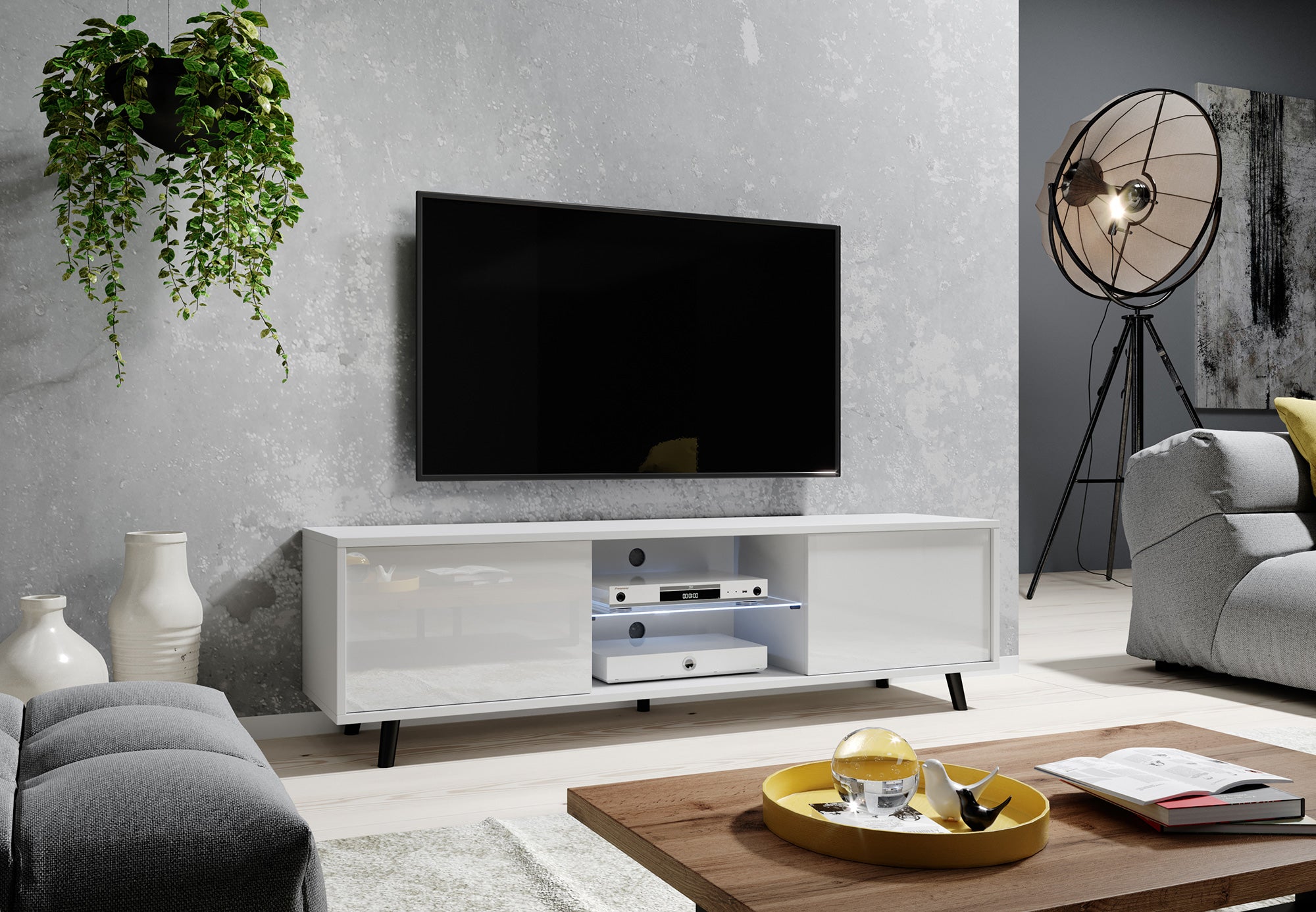 Szafka RTV Lefyr 140 cm Biały mat / Biały połysk