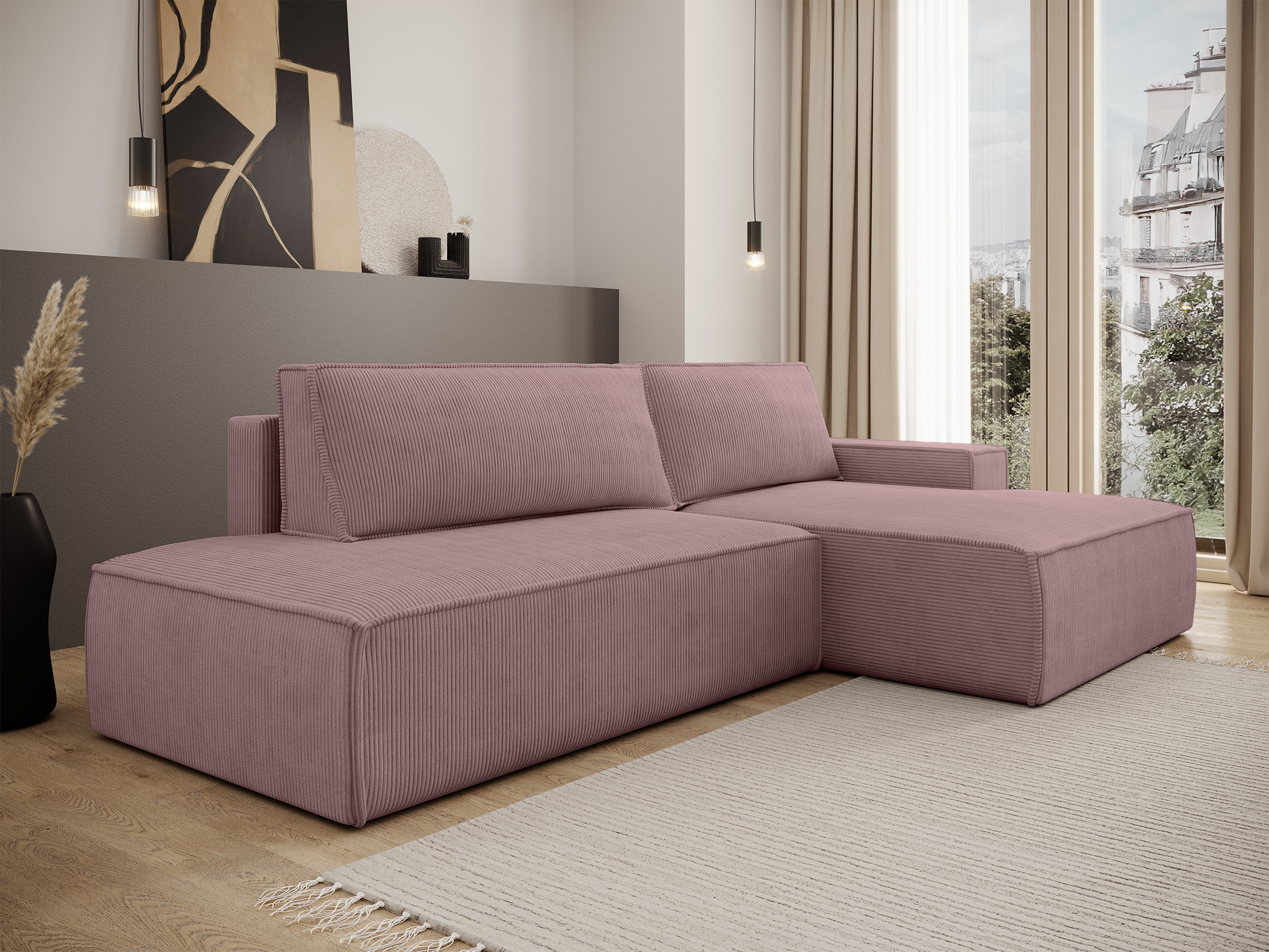 Narożnik z funkcją spania Felicjo L-kształtny prawostronny z pojemnikiem liliowy sztruks