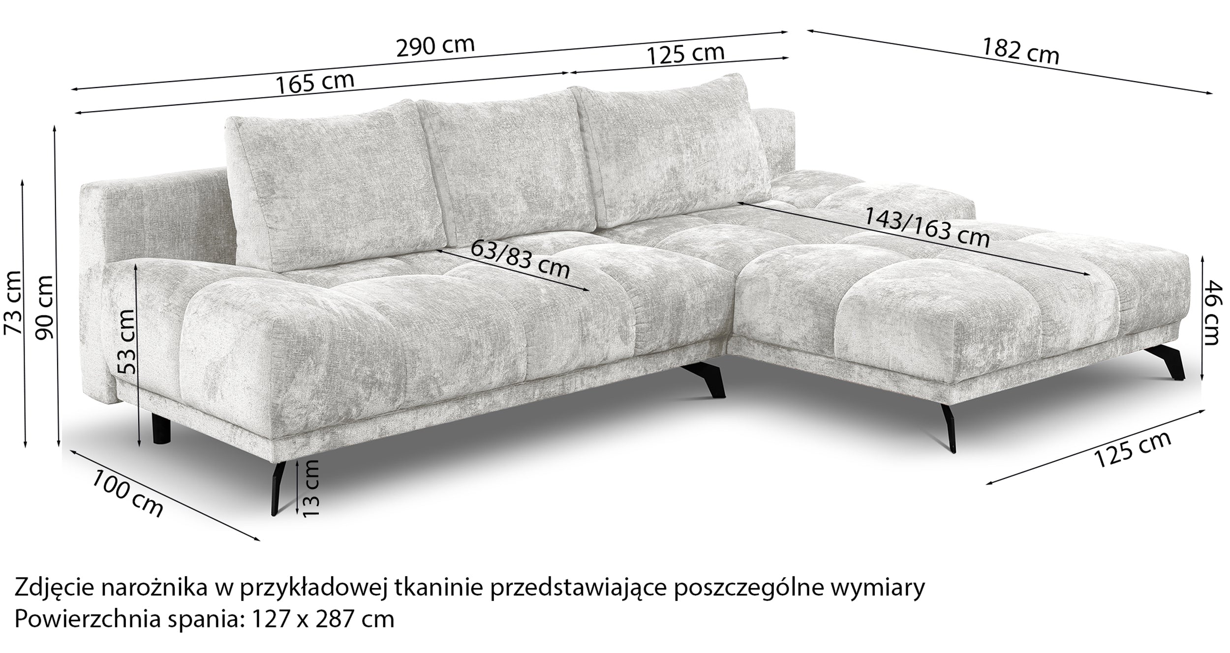 Narożnik z funkcją spania Felipe L-kształtny prawostronny z pojemnikiem jasnoszary szenil hydrofobowy