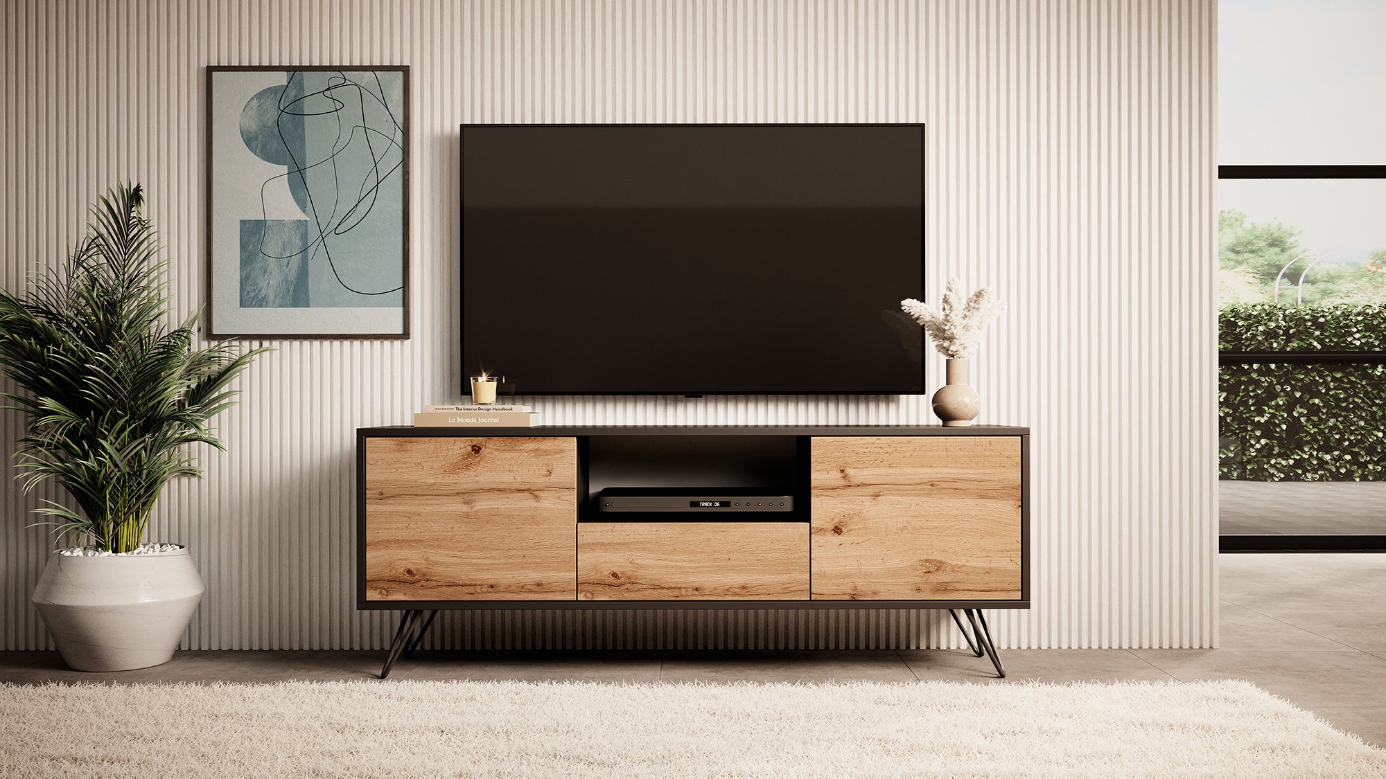 Szafka RTV Ploystea 137 cm Czarny / dąb wotan