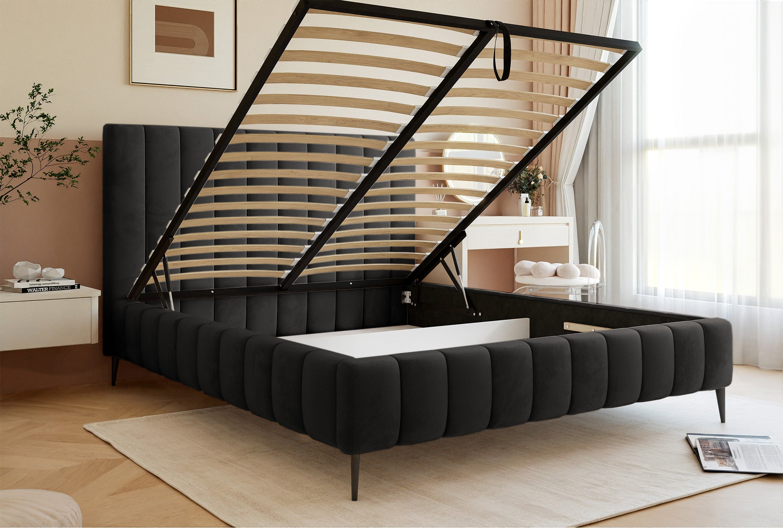 Łóżko tapicerowane 180x200 cm Fiarro z pojemnikiem na pościel ciemnoszare welur stelaż metalowy na wysokich nóżkach