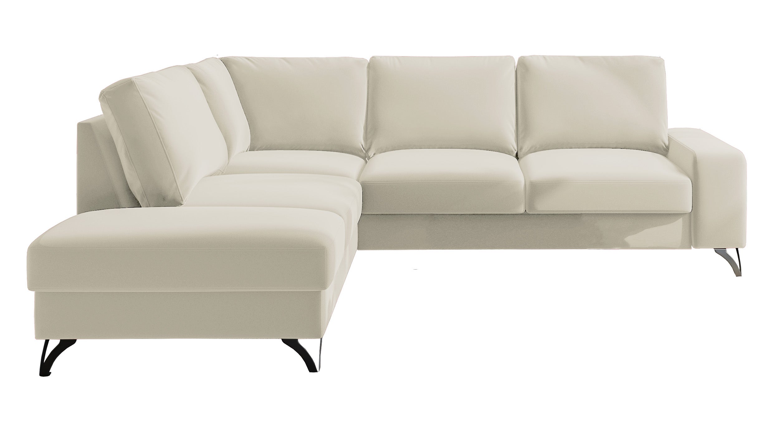 Narożnik z funkcją spania Bewello L-kształtny z boczkiem i pojemnikiem kremowy welur łatwoczyszczący hydrofobowy lewostronny