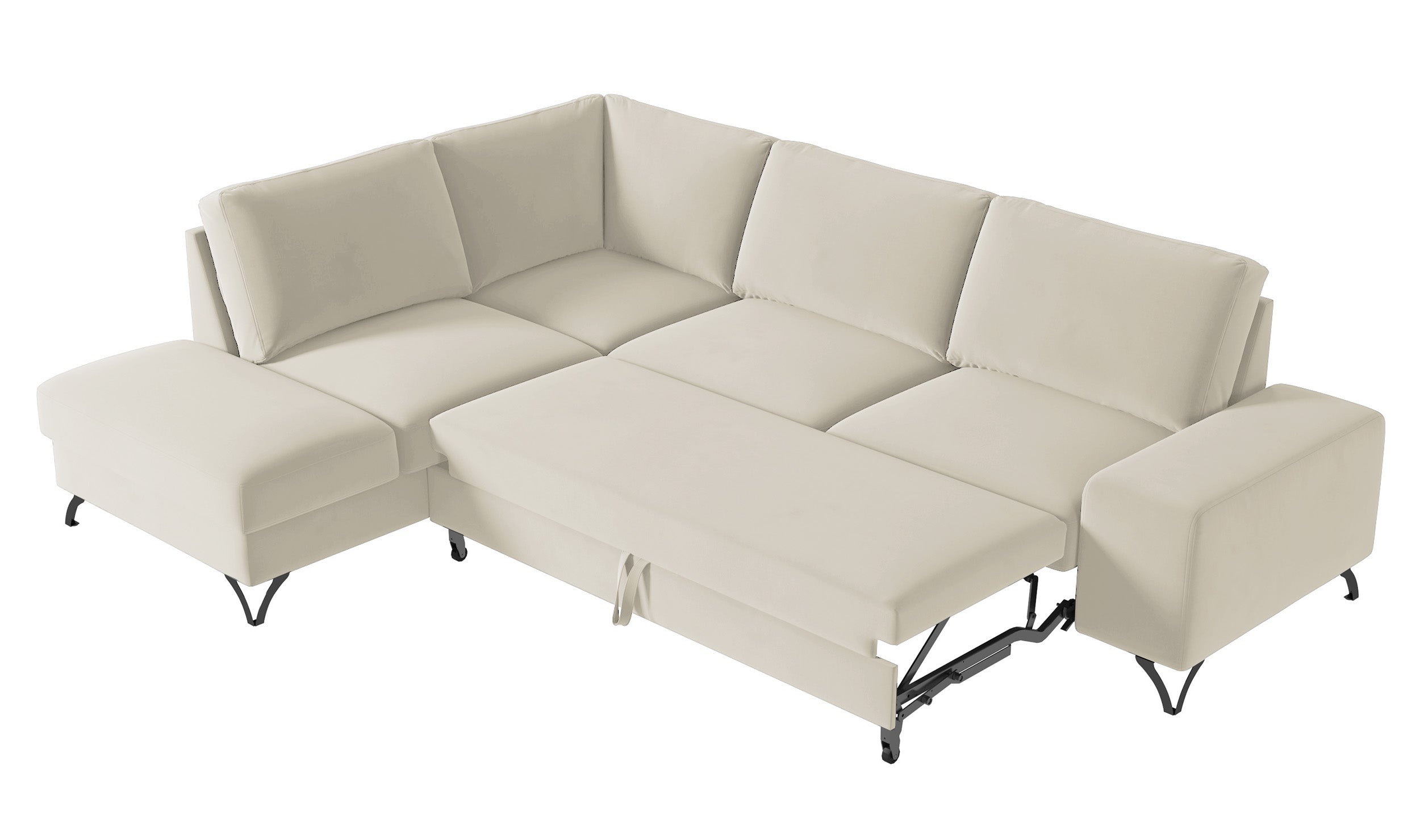 Narożnik z funkcją spania Bewello L-kształtny z boczkiem i pojemnikiem kremowy welur łatwoczyszczący hydrofobowy lewostronny