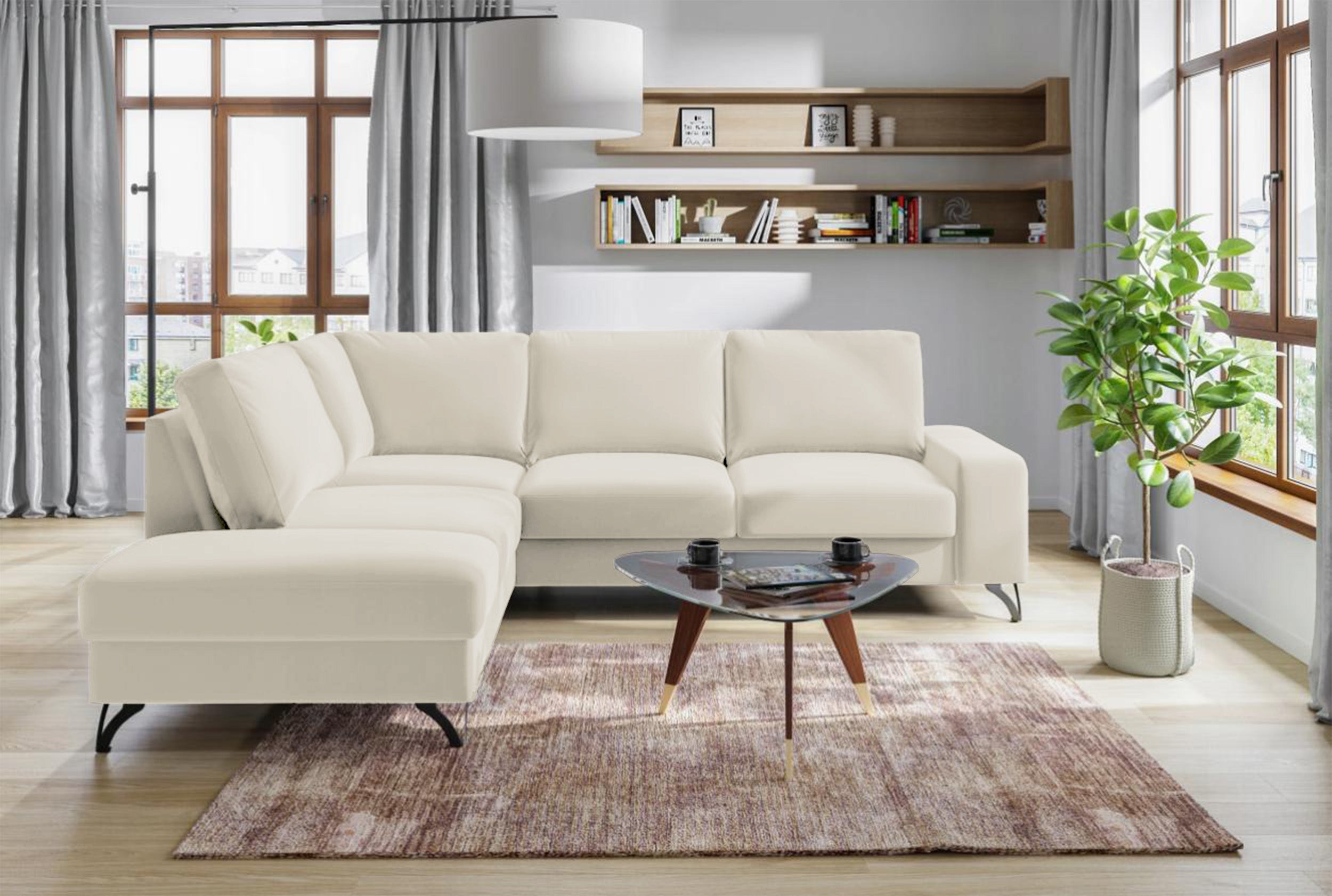 Narożnik z funkcją spania Bewello L-kształtny z boczkiem i pojemnikiem kremowy welur łatwoczyszczący hydrofobowy lewostronny