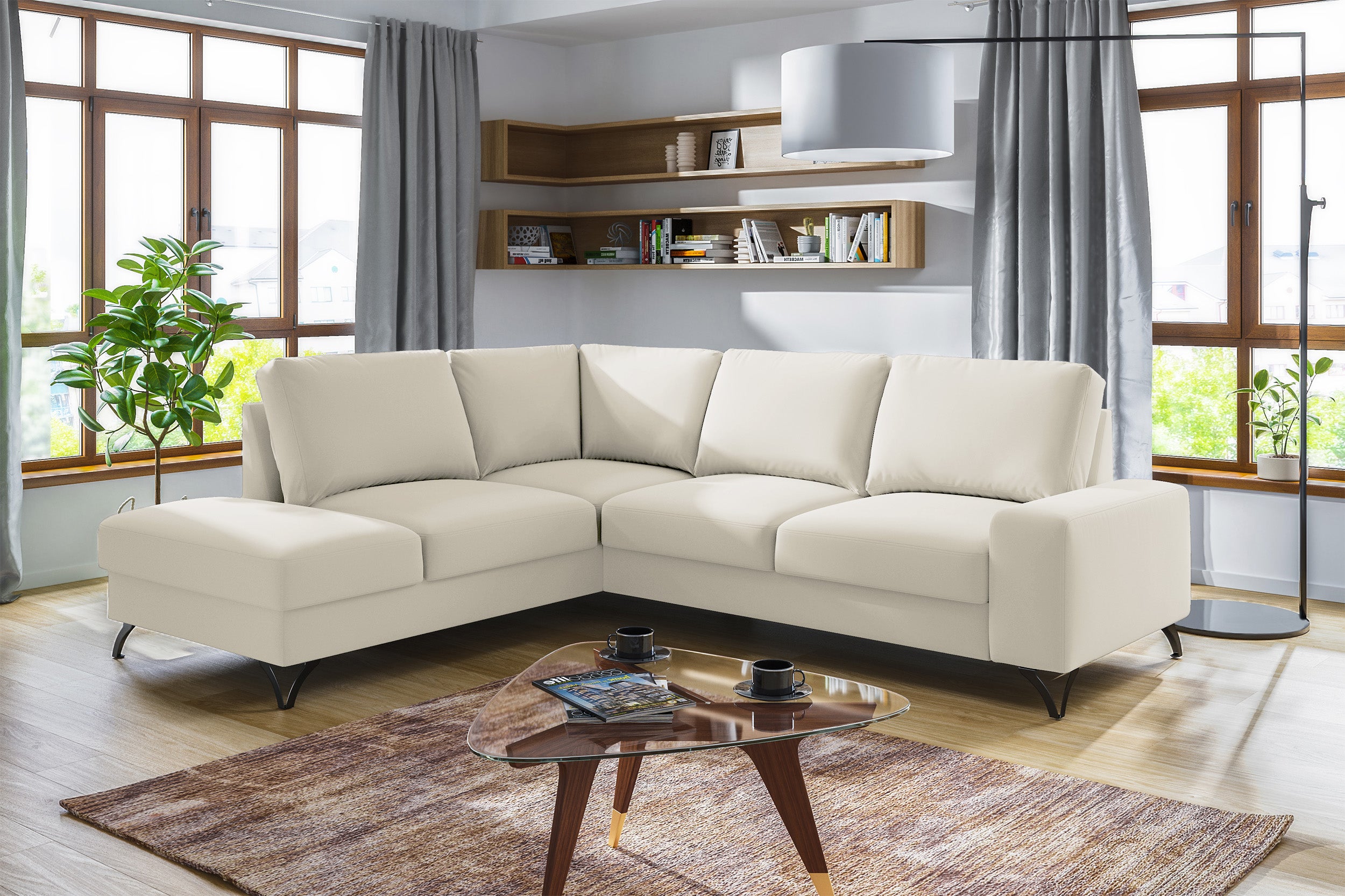 Narożnik z funkcją spania Bewello L-kształtny z boczkiem i pojemnikiem kremowy welur łatwoczyszczący hydrofobowy lewostronny