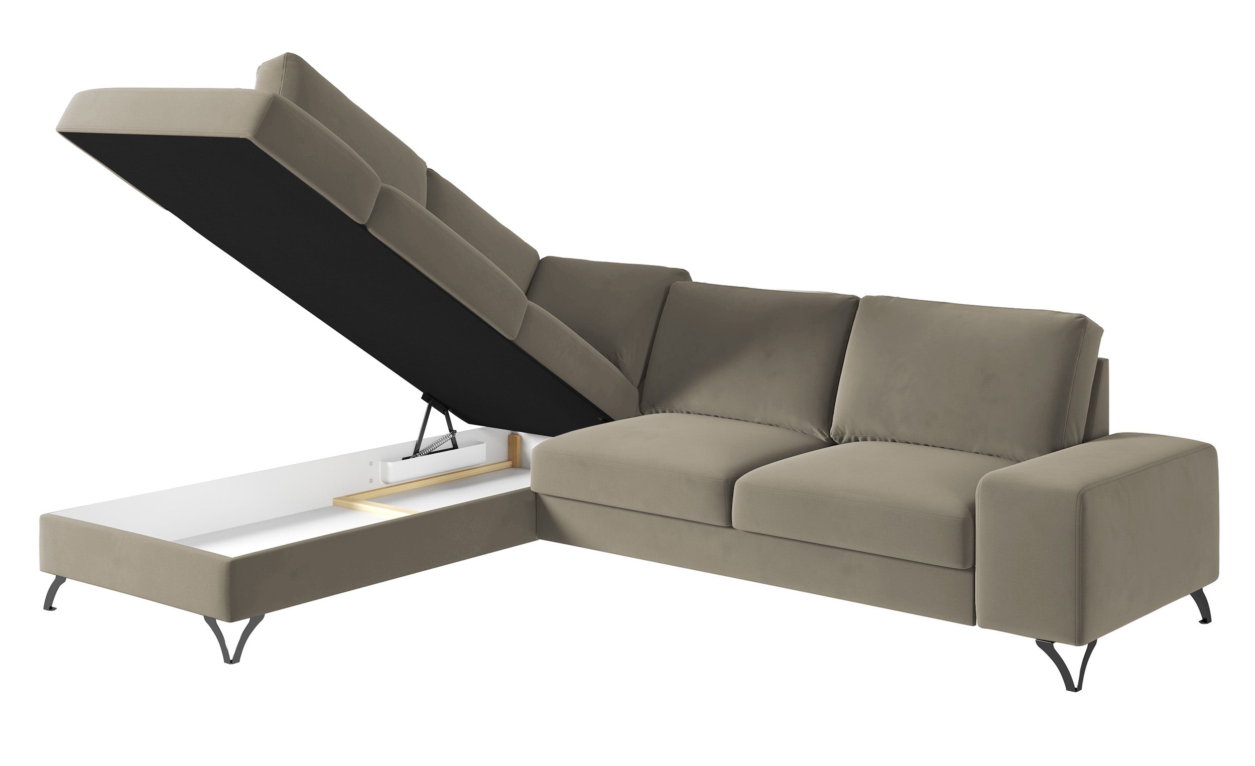 Narożnik z funkcją spania Bewello L-kształtny z boczkiem i pojemnikiem szarobeżowy welur łatwoczyszczący hydrofobowy lewostronny