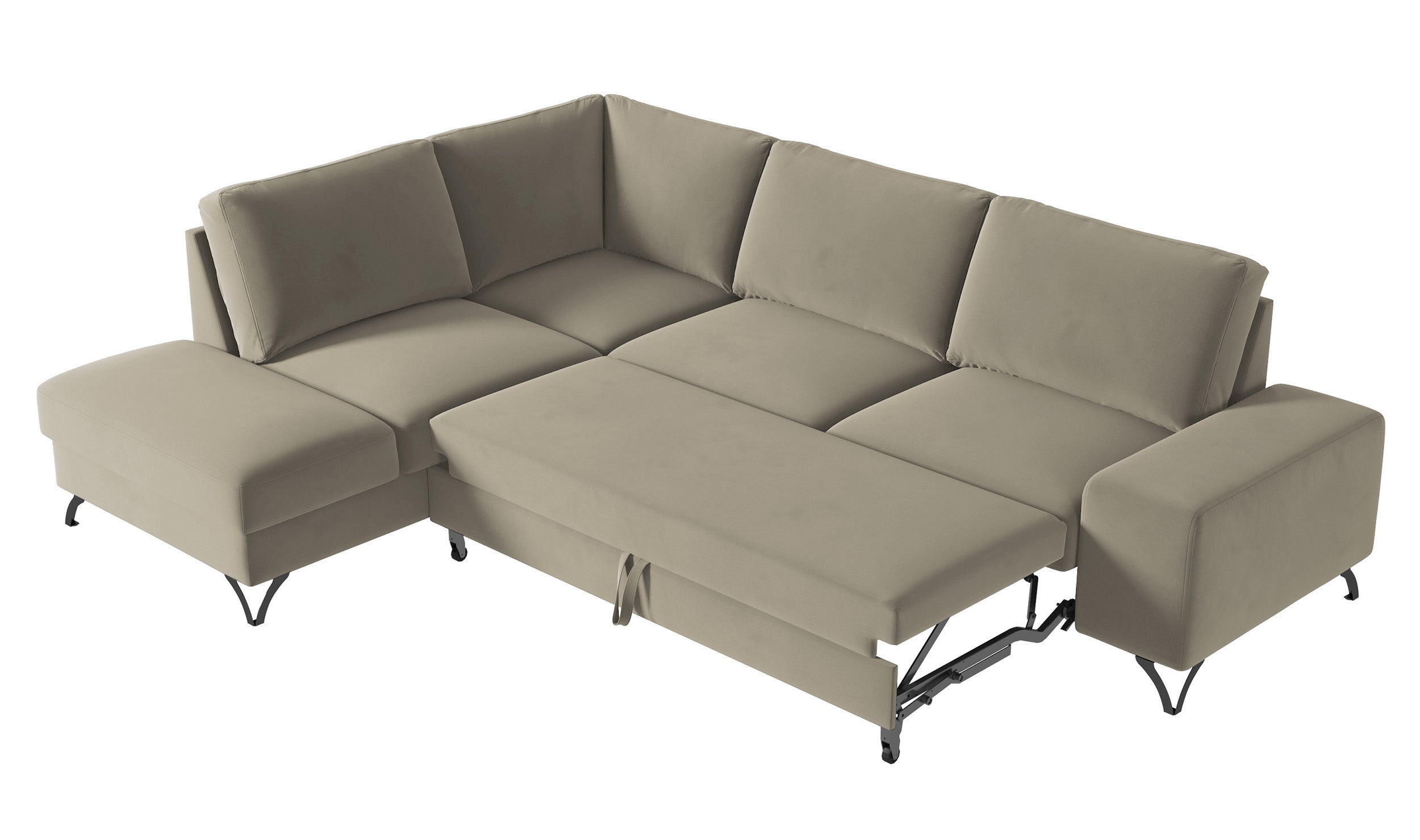 Narożnik z funkcją spania Bewello L-kształtny z boczkiem i pojemnikiem szarobeżowy welur łatwoczyszczący hydrofobowy lewostronny