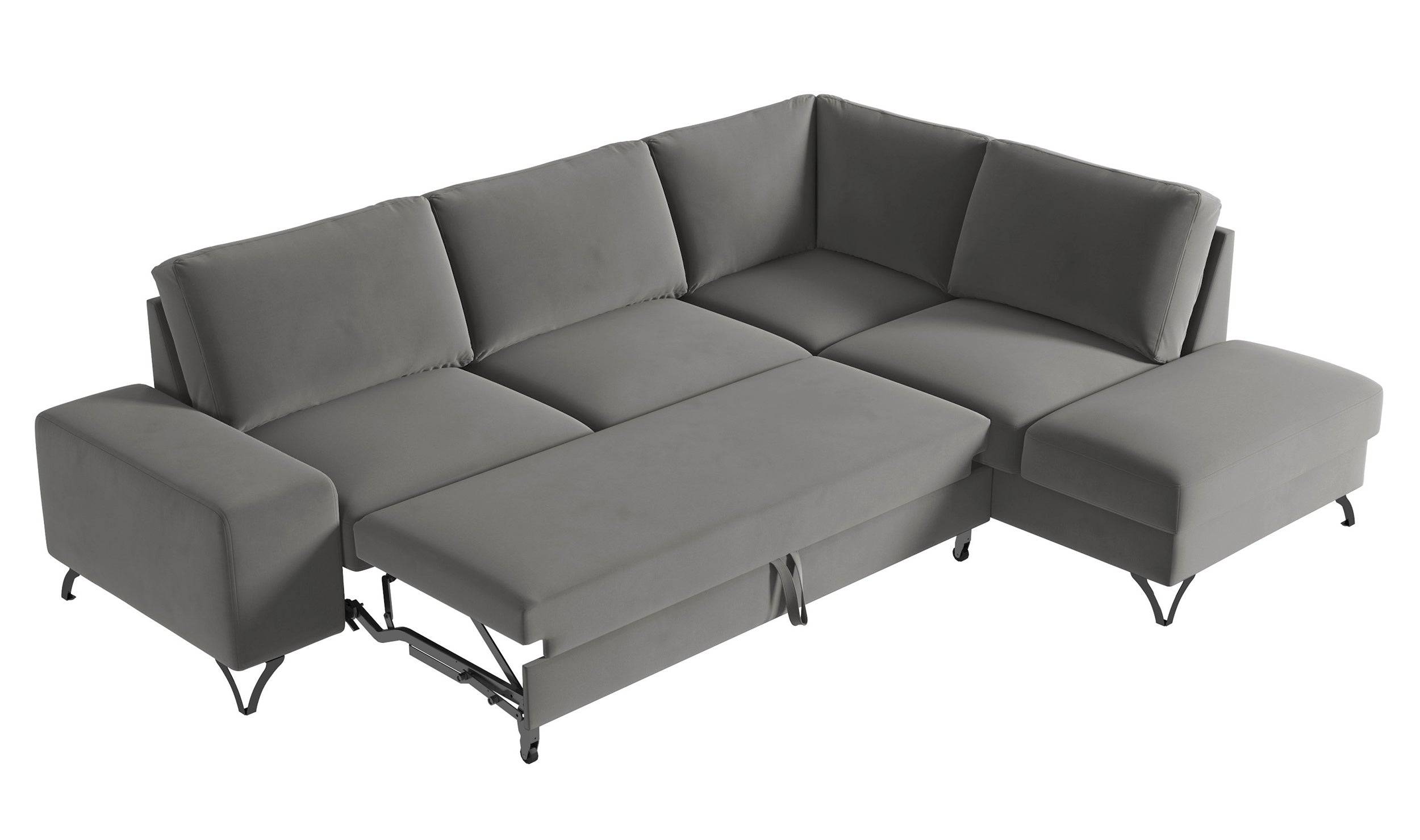 Narożnik z funkcją spania Bewello L-kształtny z boczkiem i pojemnikiem szary welur łatwoczyszczący hydrofobowy prawostronny