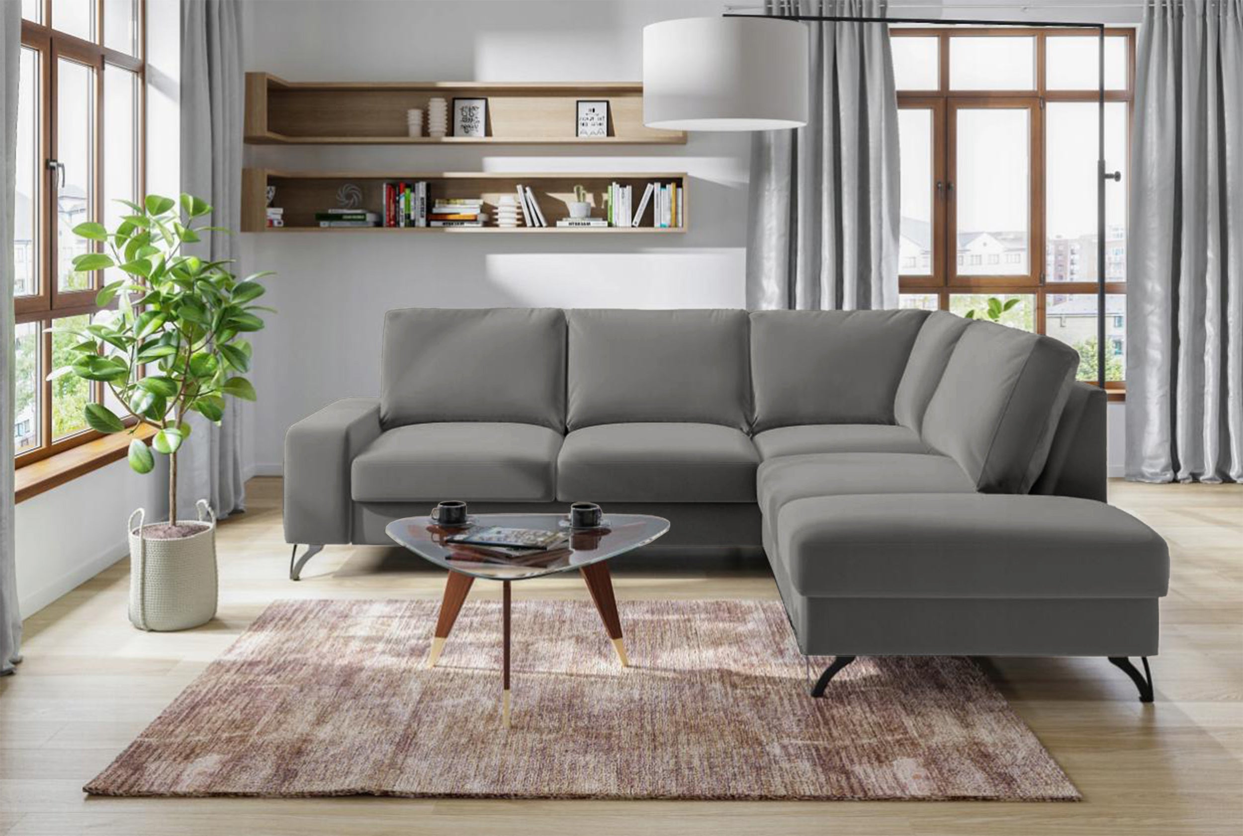 Narożnik z funkcją spania Bewello L-kształtny z boczkiem i pojemnikiem szary welur łatwoczyszczący hydrofobowy prawostronny