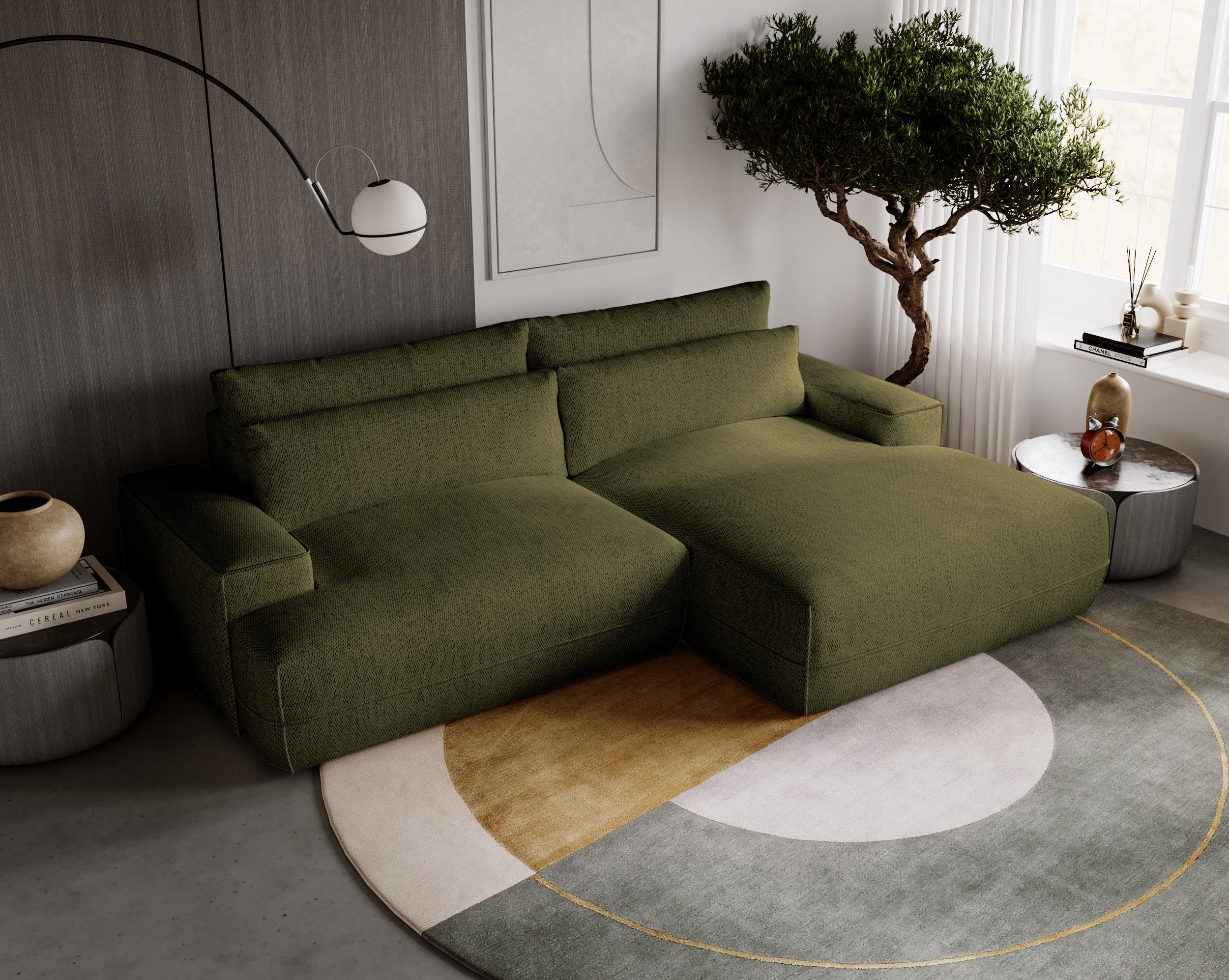 Narożnik z funkcją spania Frenno L-kształtny z pojemnikiem khaki prawostronny