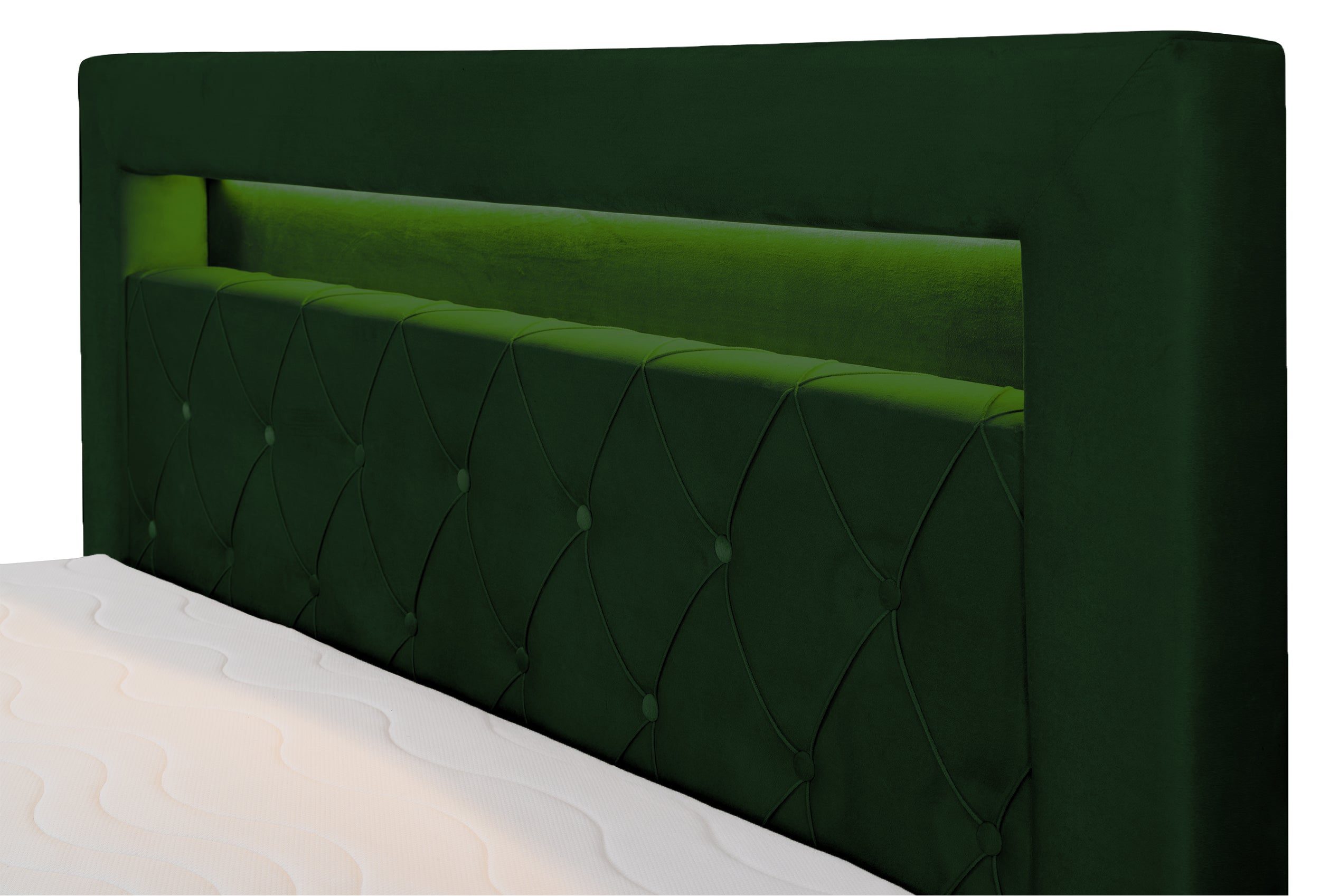 Łóżko kontynentalne 160x200 cm Goldess z pojemnikami i oświetleniem LED butelkowa zieleń welwet